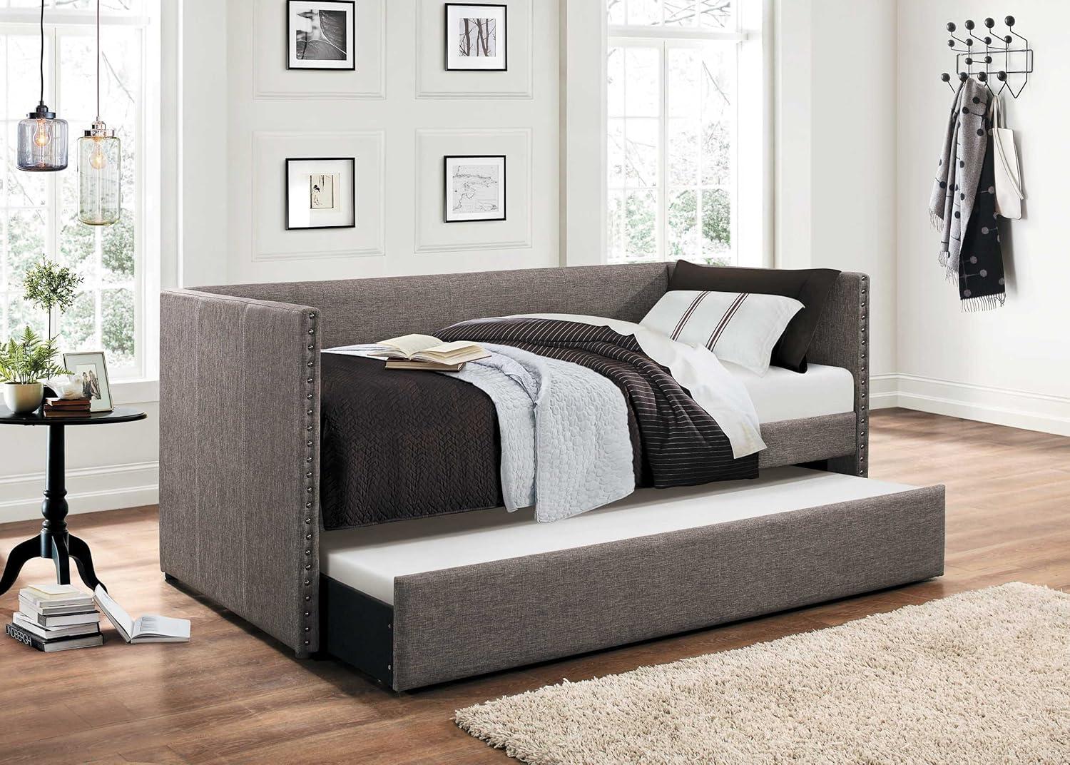 Gray Upholstered Daybed: Nailhead Accent and Trundle