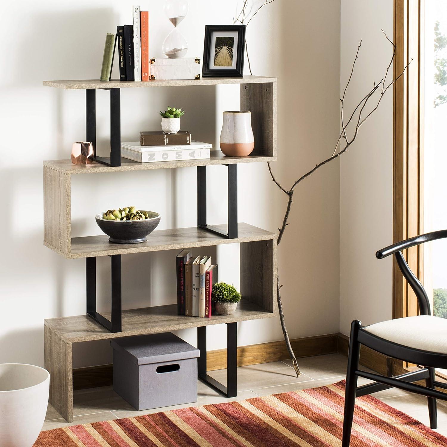 Louise 35'' Oak and Black Iron Mid-Century Geometric Bookcase