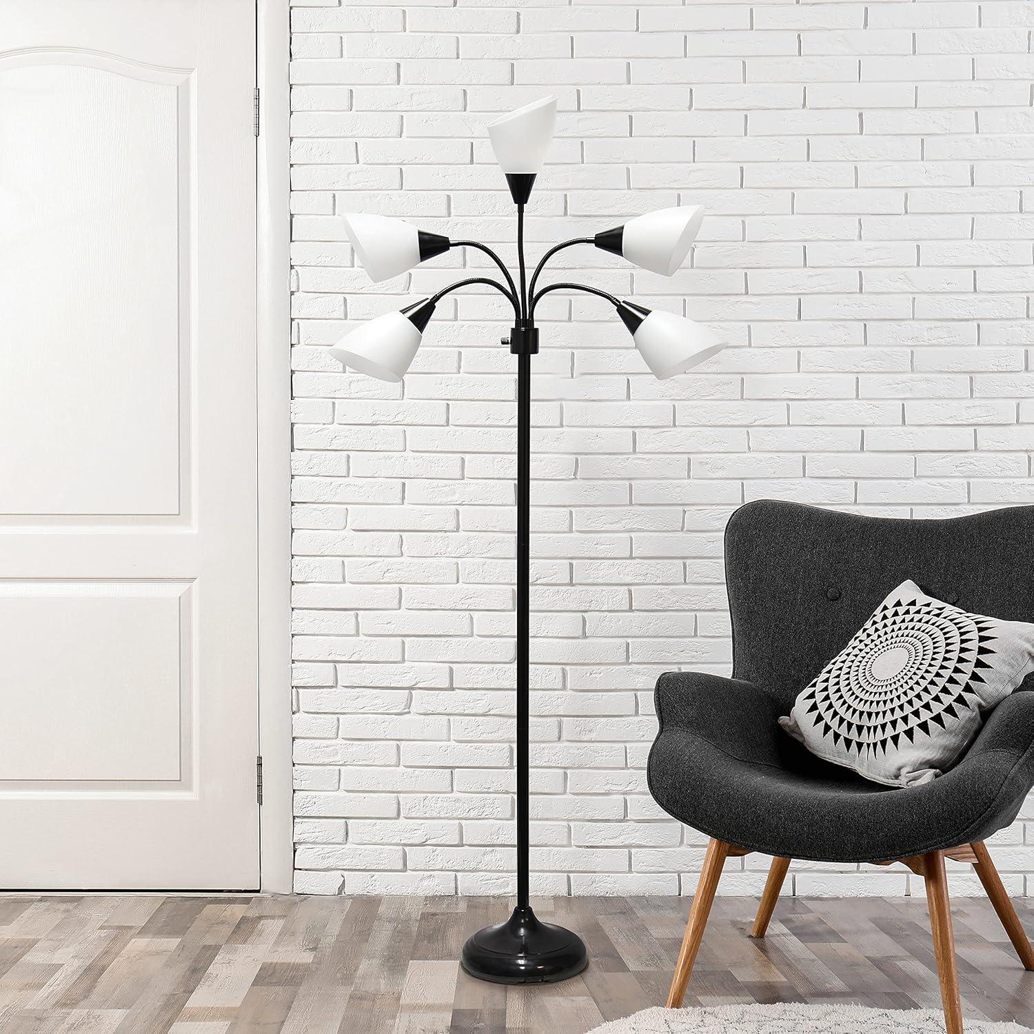 67" Black Adjustable Multi-Head Floor Lamp with White Shades