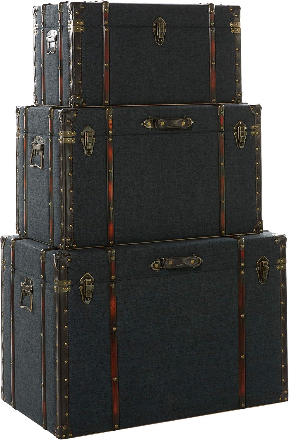 Blue Linen and Brass Accented Nesting Storage Trunks, Set of 3