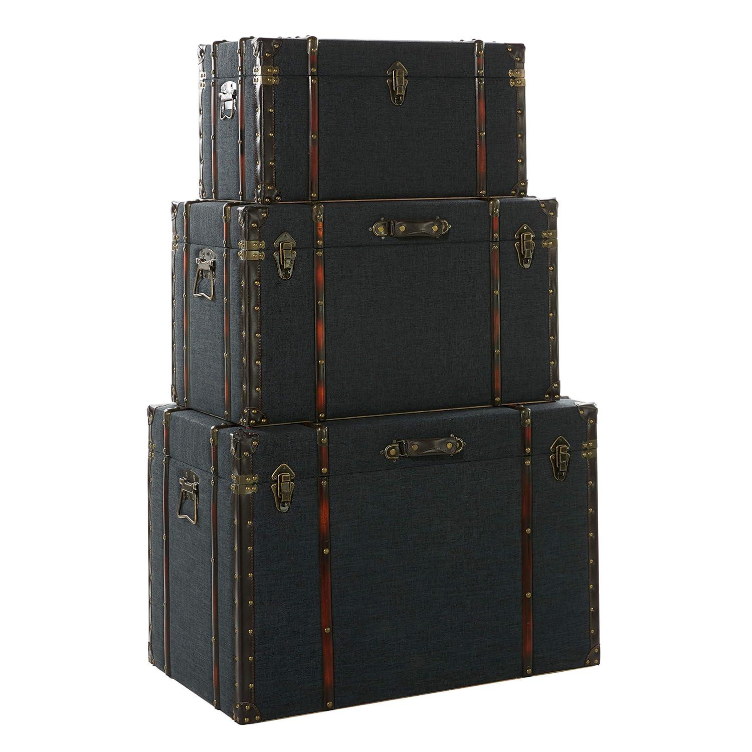 DecMode 24" x 13" Blue Linen Fabric Nesting Upholstered Trunk with Buckle Hinged Top, 3-Pieces