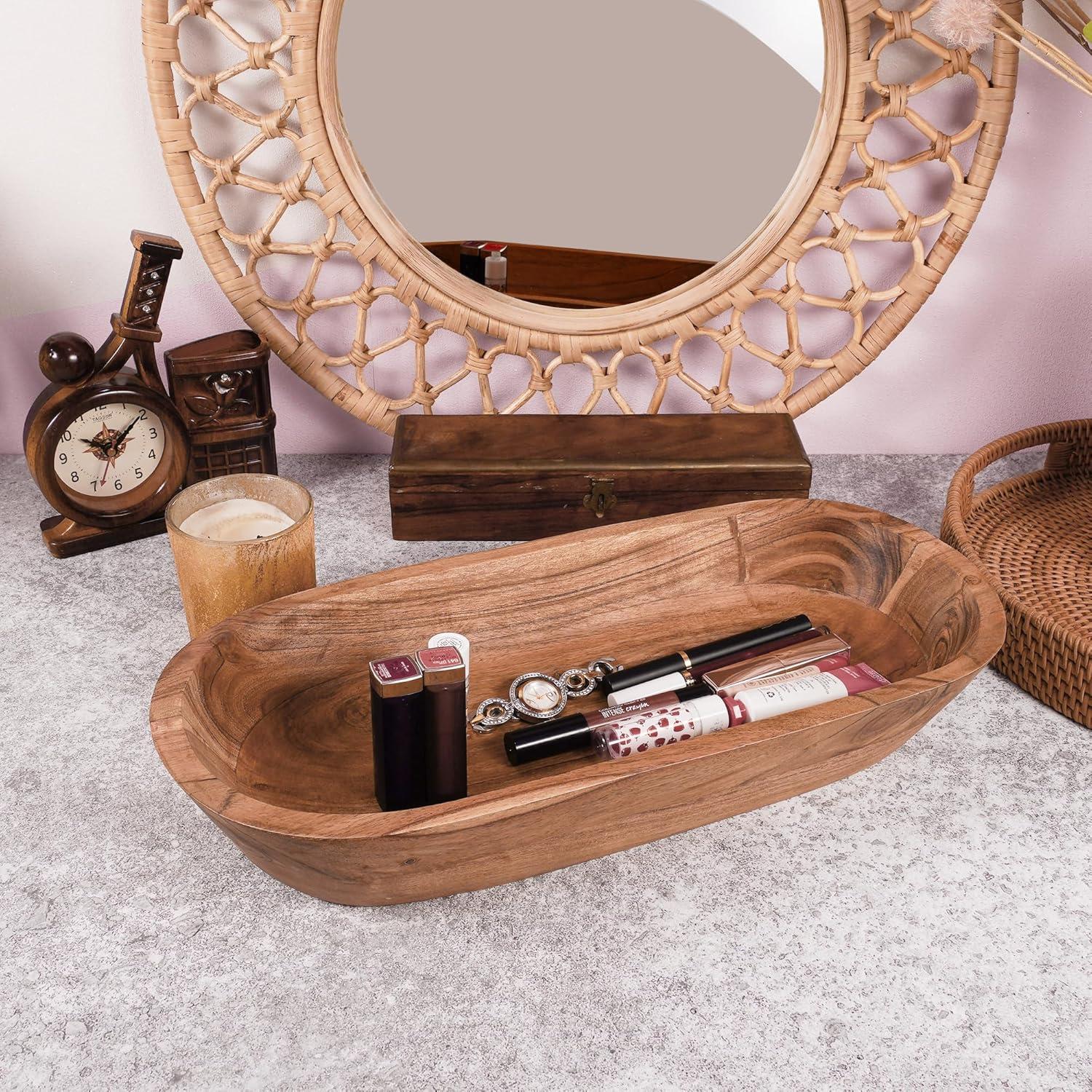 Luxe Designs | Handmade Decorative Wooden Bowl for Home, Bathroom and Kitchen Counter | Acacia Wood Large Dough Bowl Fits Cosmetics, Keys & More | 17"L x 3" H x 8" W