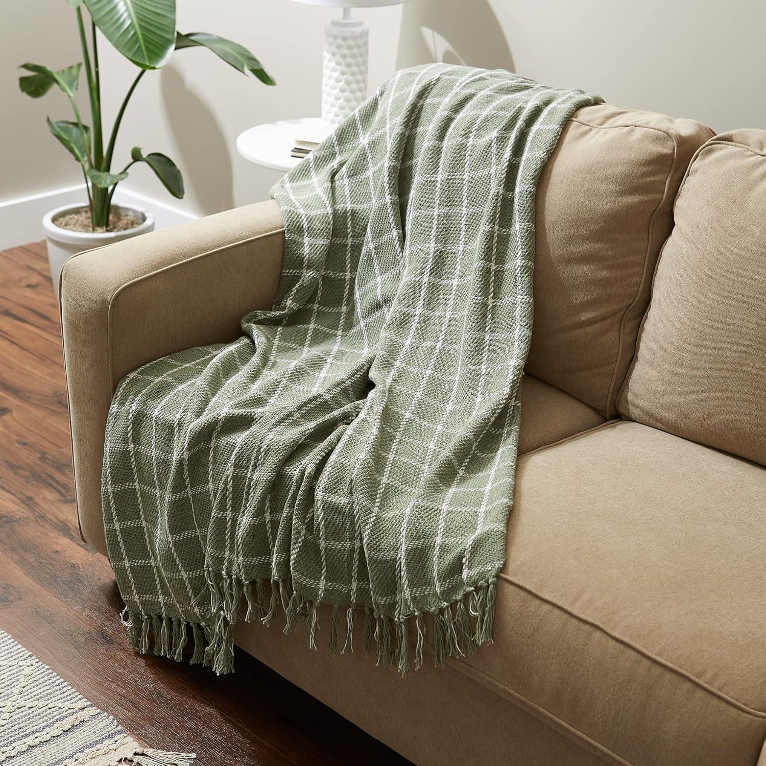 Artichoke Green Cotton Checked Plaid Cozy Throw, 50x60