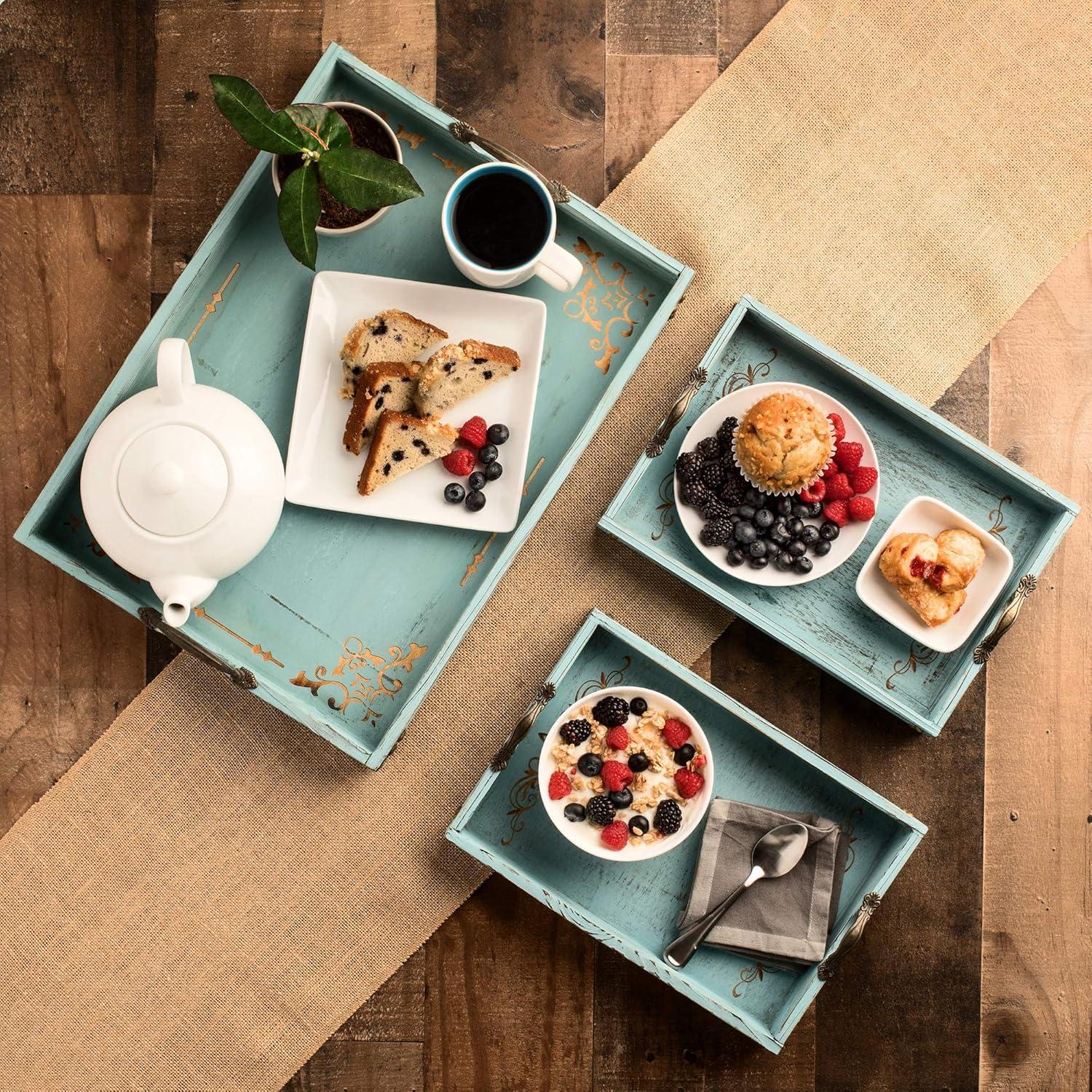 Modern 5th - Vintage Aqua Blue Rustic Wooden Serving Trays with Handles(Set of 3) Pattern Designed