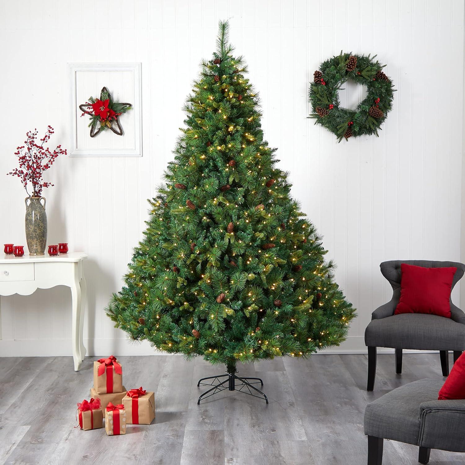 Nearly Natural 8’ West Virginia Full Bodied Mixed Pine Prelit LED Artificial Christmas Tree with Pine Cones