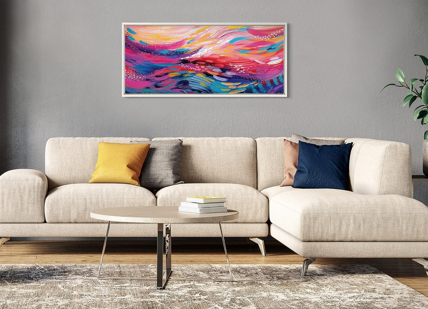 Kate and Laurel Sylvie Brush Strokes 90 Framed Canvas Wall Art by Jessi Raulet of Ettavee, 18 x 40, White, Abstract Modern Art for Wall