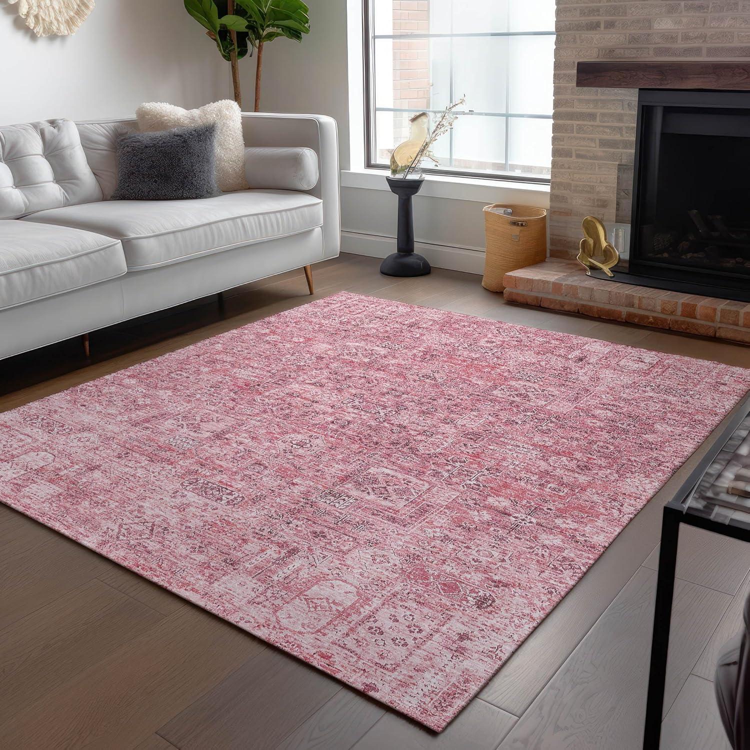 Pink Synthetic Flat Woven Washable 5' x 7' Area Rug