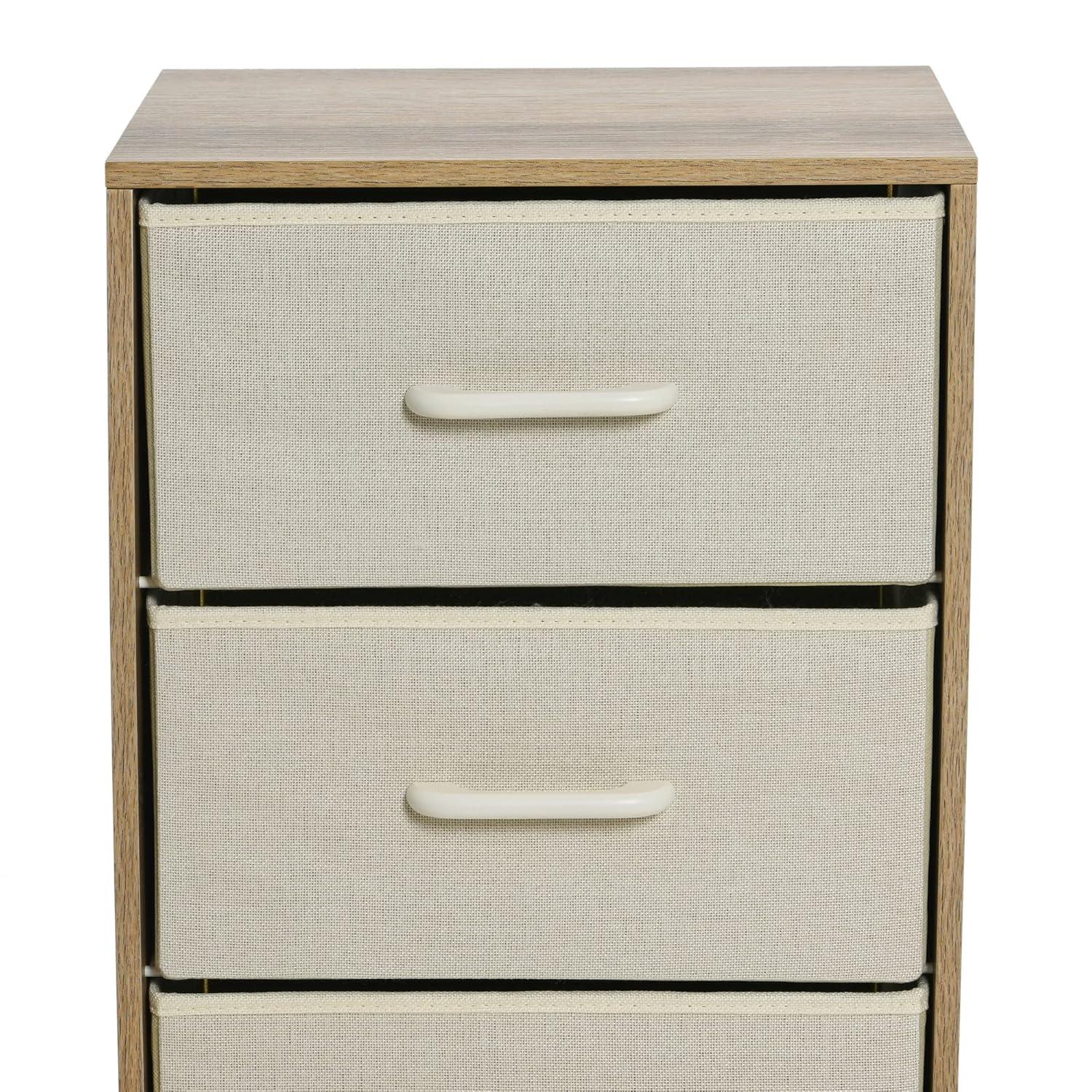 Household Essentials 3 Drawer Dresser, Narrow Storage Chest, Multi-Color Drawers, Wire Backing and Metal Feet, Wood Handles, Coastal Oak Laminate