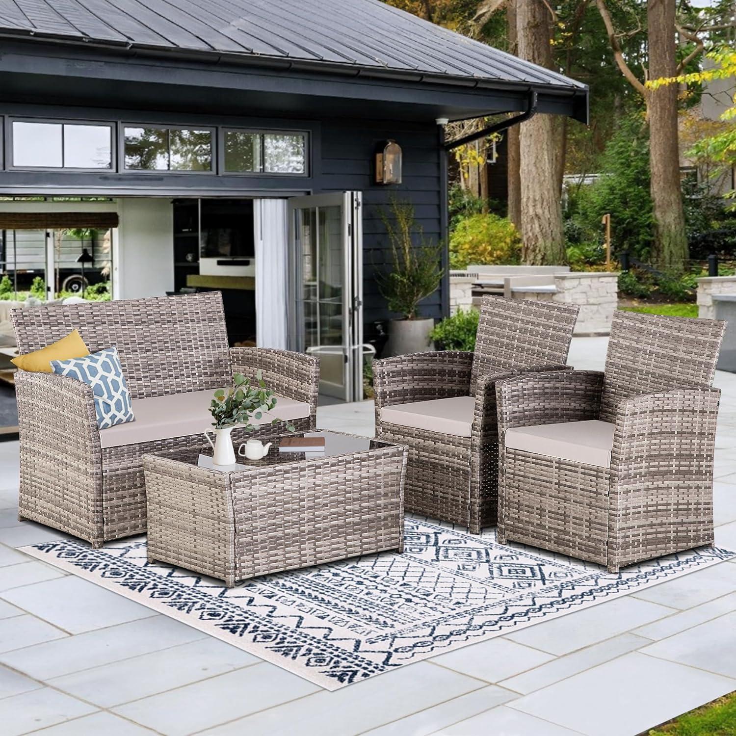 4 Piece Patio Furniture Set,Outdoor Wicker Conversation Sets,Rattan Sectional Sofa w/Coffee Table,Seat Cushions for Backyard Porch Garden Poolside (Gray/Gray)