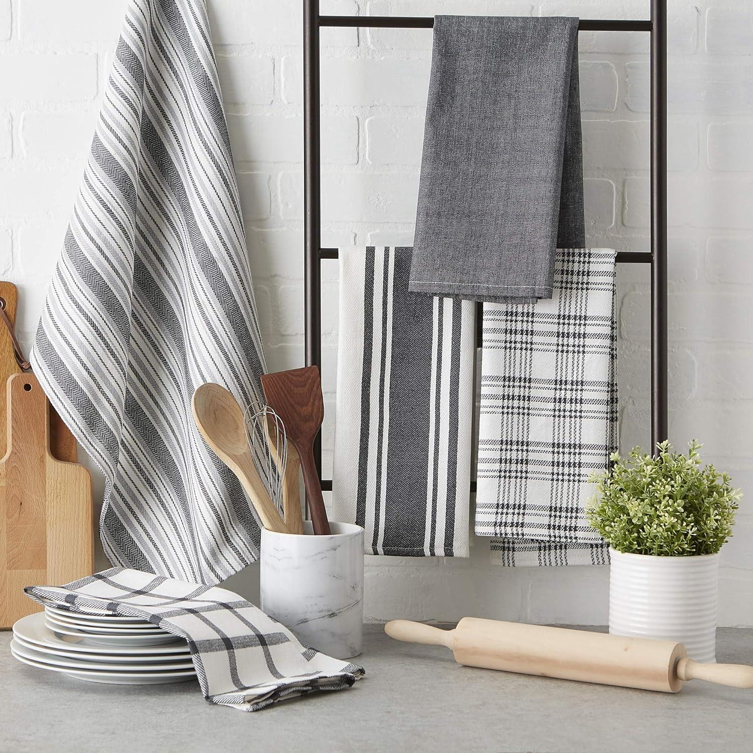 Gray and White Cotton Kitchen Dishtowel Set, 18x28, 5 Piece