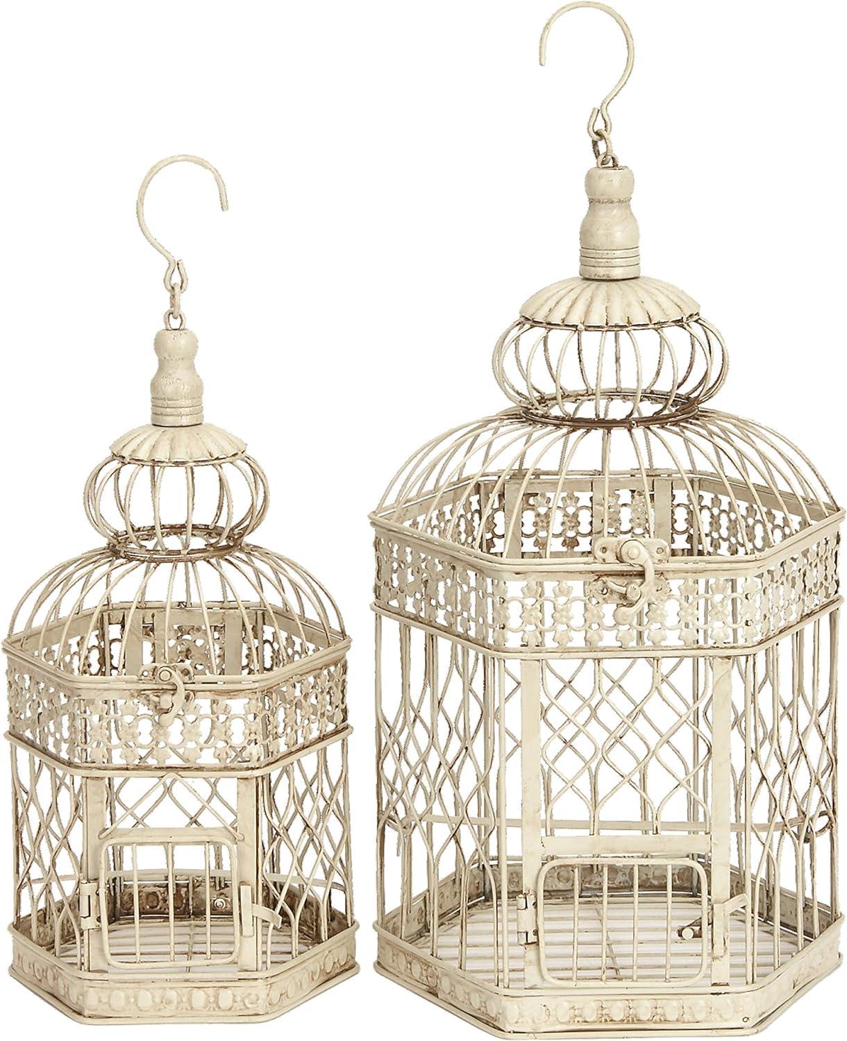 DecMode Cream Vintage Metal Birdcage with Crisscross Vertical Bars and Floral Embossed Design, Set of 2 21", 18"H