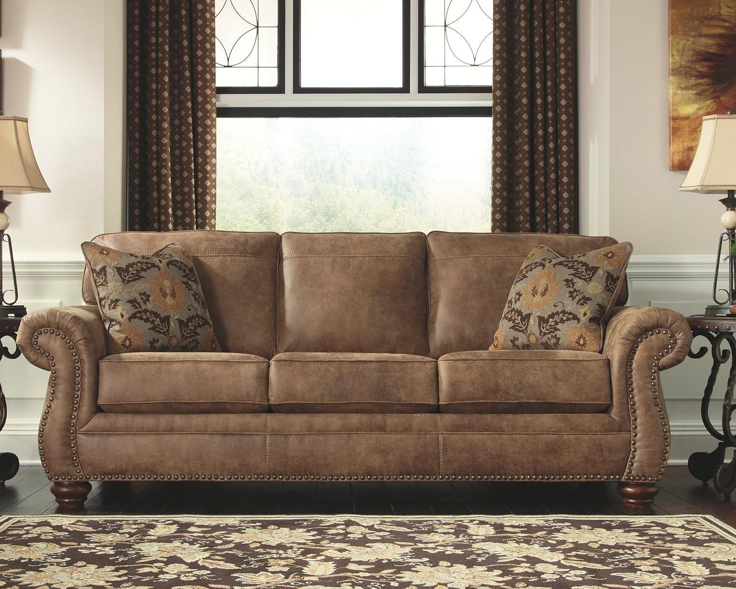 Traditional Brown Leather Sofa with Rolled Arms and Nailhead Trim