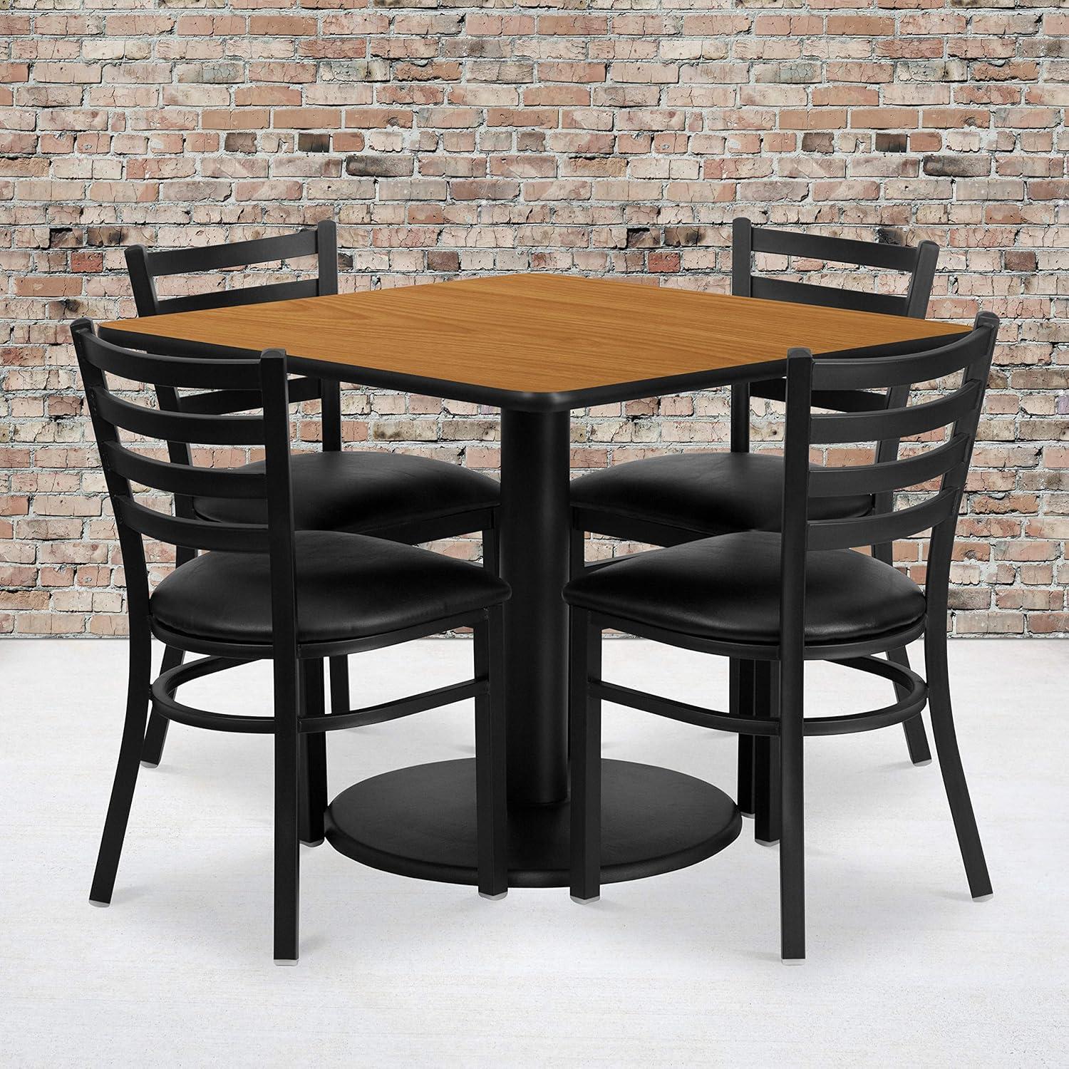 BizChair 36'' Square Black Laminate Table Set with Round Base and 4 Ladder Back Metal Chairs - Black Vinyl Seat