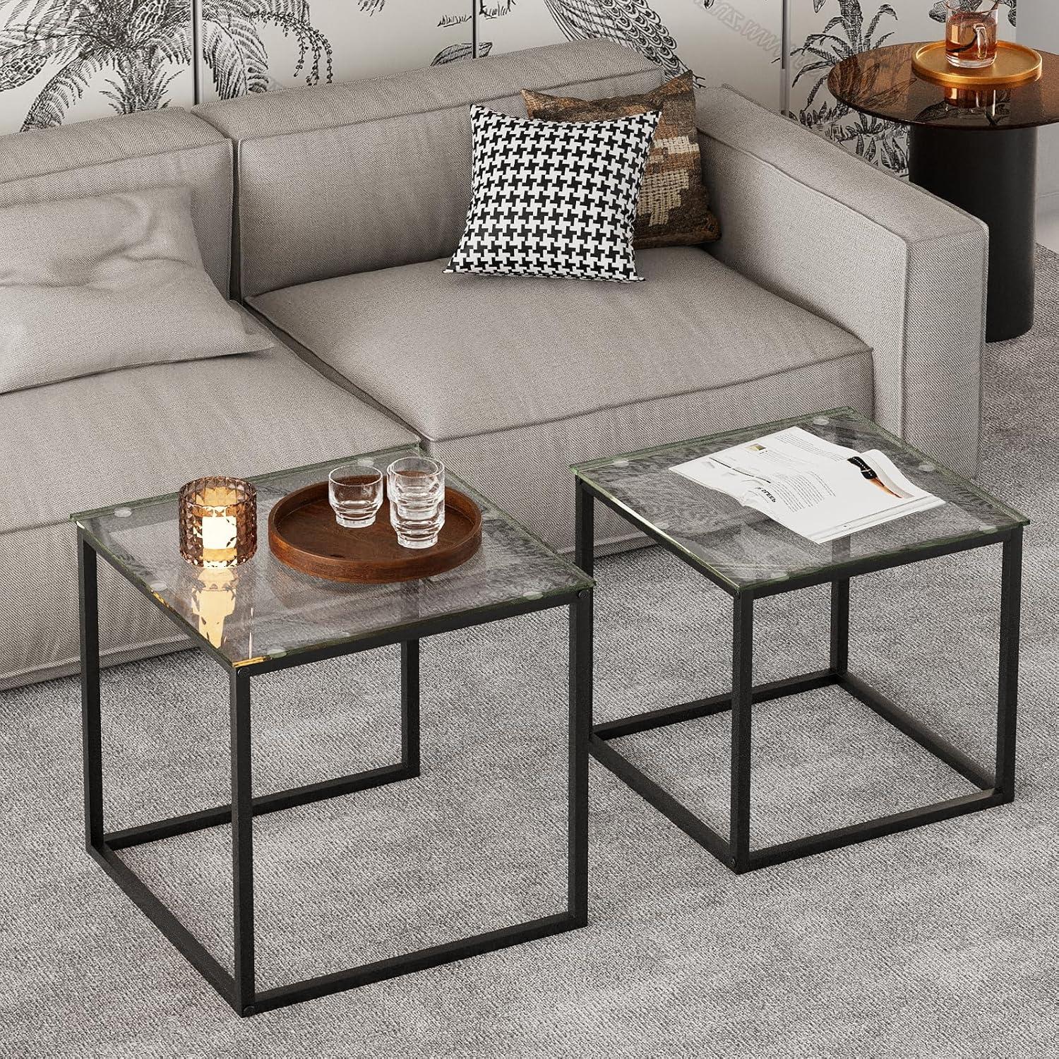 Coffee Table Set of 2, Modern Black Wooden Side Table, Metal Frame Square End Table, Center Tables,Nesting Coffee Table for Living Room,Bedroom and Small Spaces