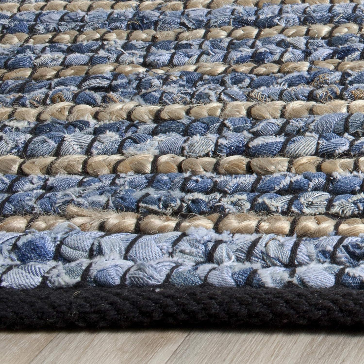 Blue and Natural Cotton Flat Woven Reversible Rug, 4' x 6'