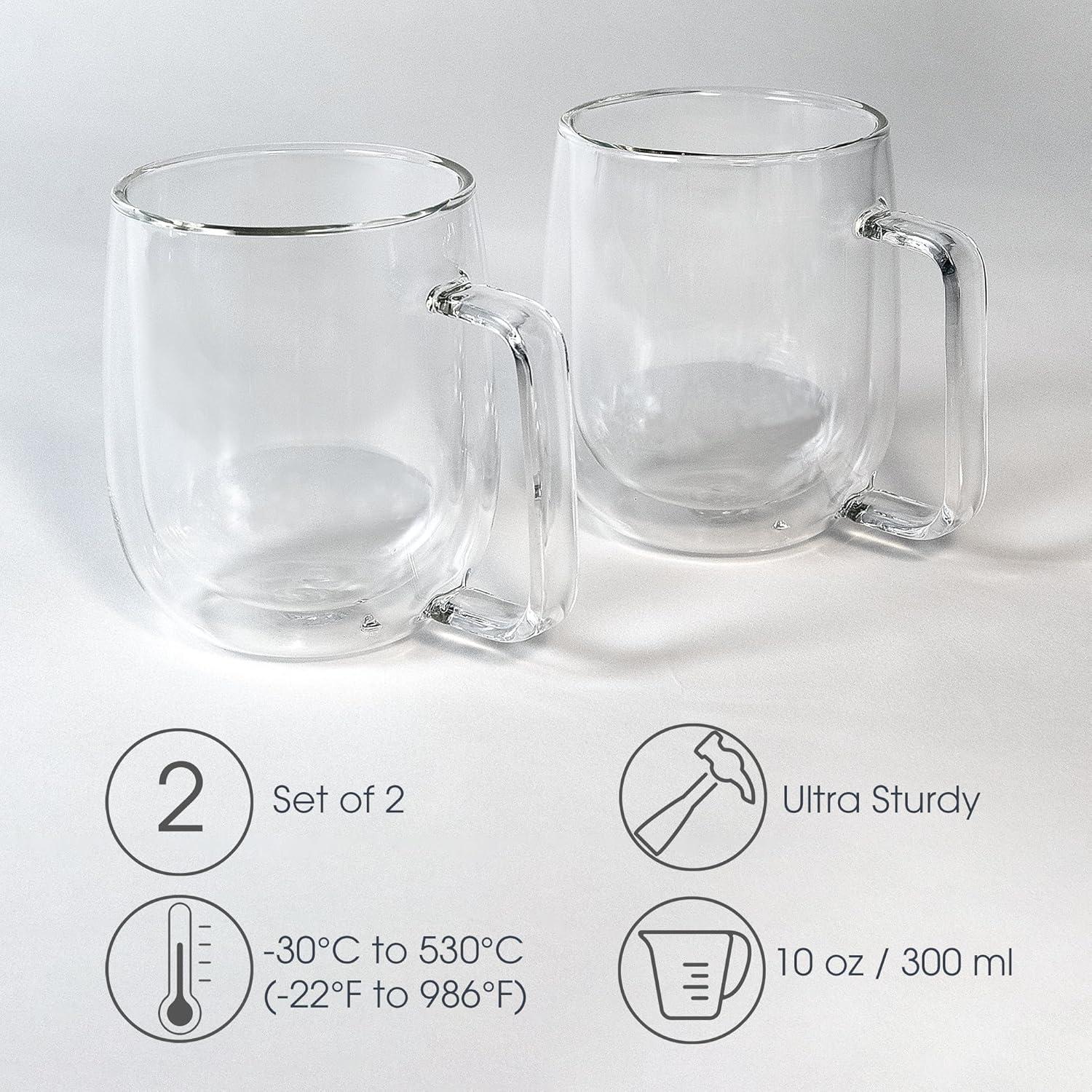 Double-Wall Insulated Clear Glass Coffee Mugs, Set of 2