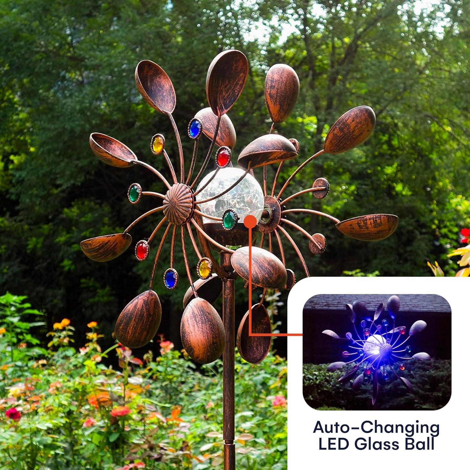 75-Inch Bronze Metal Solar-Powered LED Wind Spinner