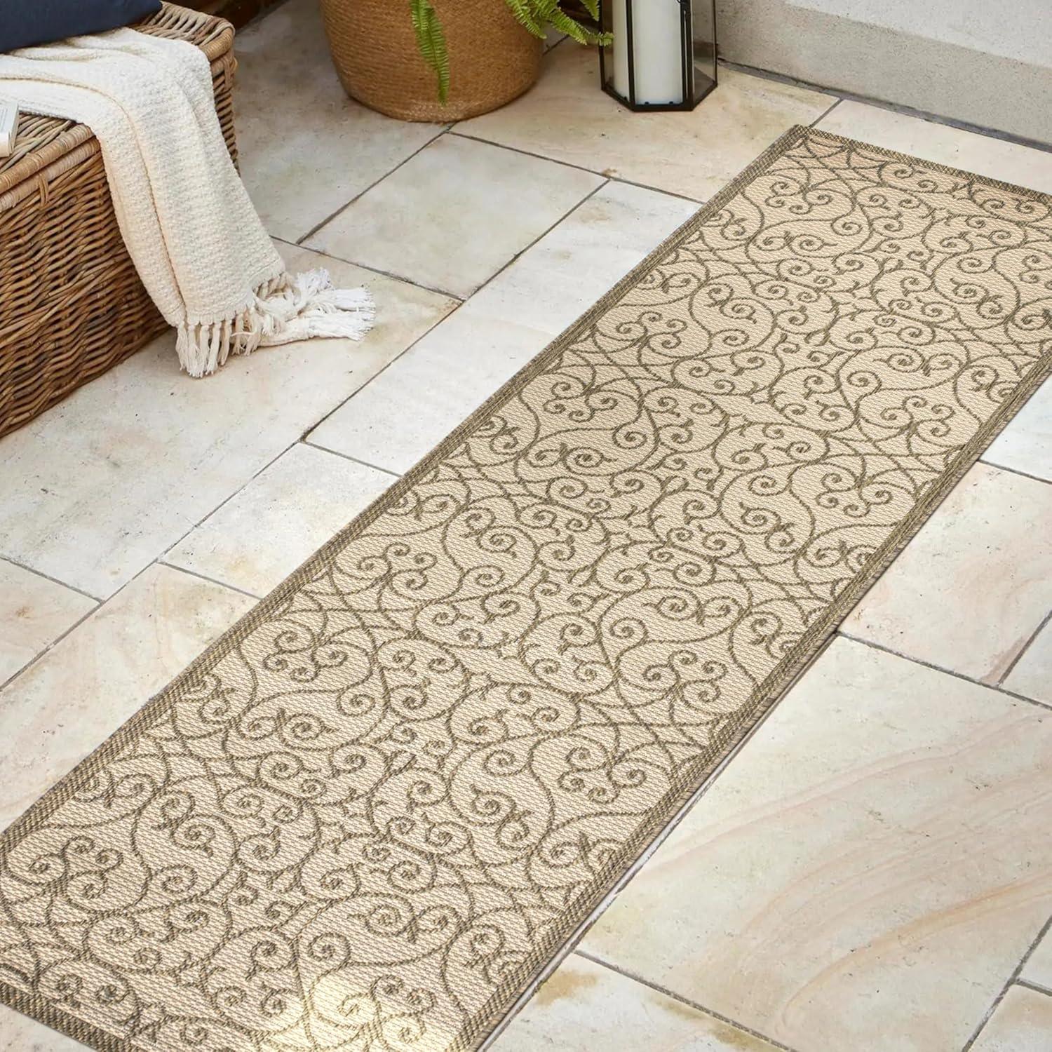 2'x8' Madrid Vintage Filigree Textured Weave Indoor/Outdoor Runner Rug, Beige/Brown - JONATHAN Y