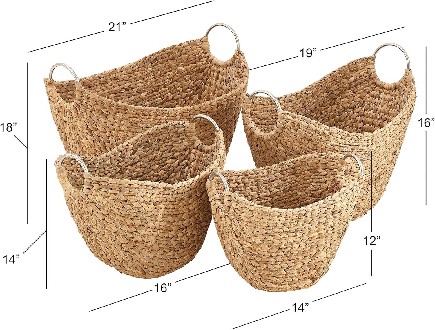 4 Piece Brown Seagrass Handmade Woven Storage Basket with Metal Handles Set