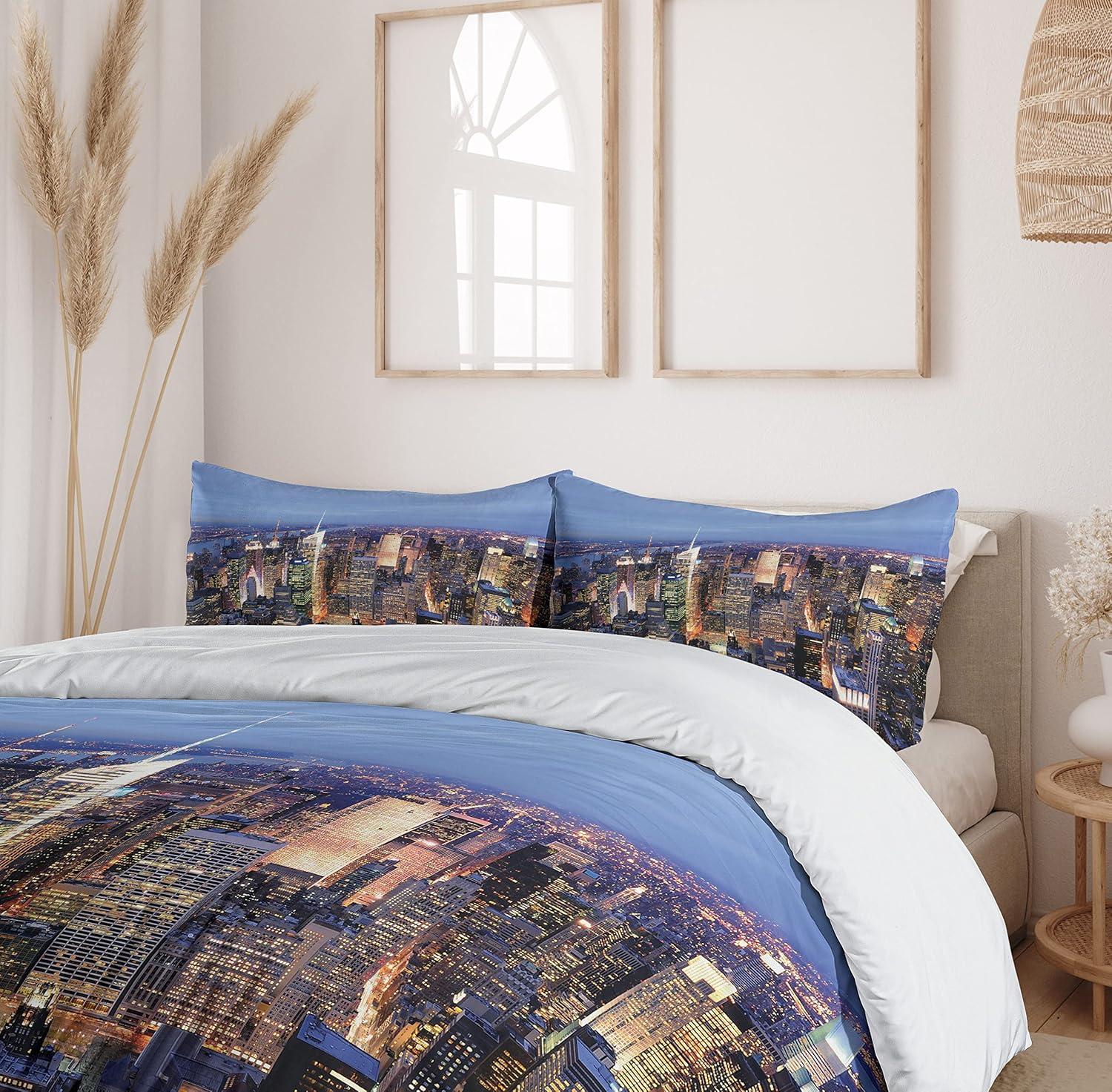 New York Queen Size Duvet Cover Set, Aerial View of NYC Full of Skyscrapers Manhattan Times Square Famous Cityscape Panorama, Decorative 3 Piece Bedding Set with 2 Pillow Shams, Blue, by Ambesonne
