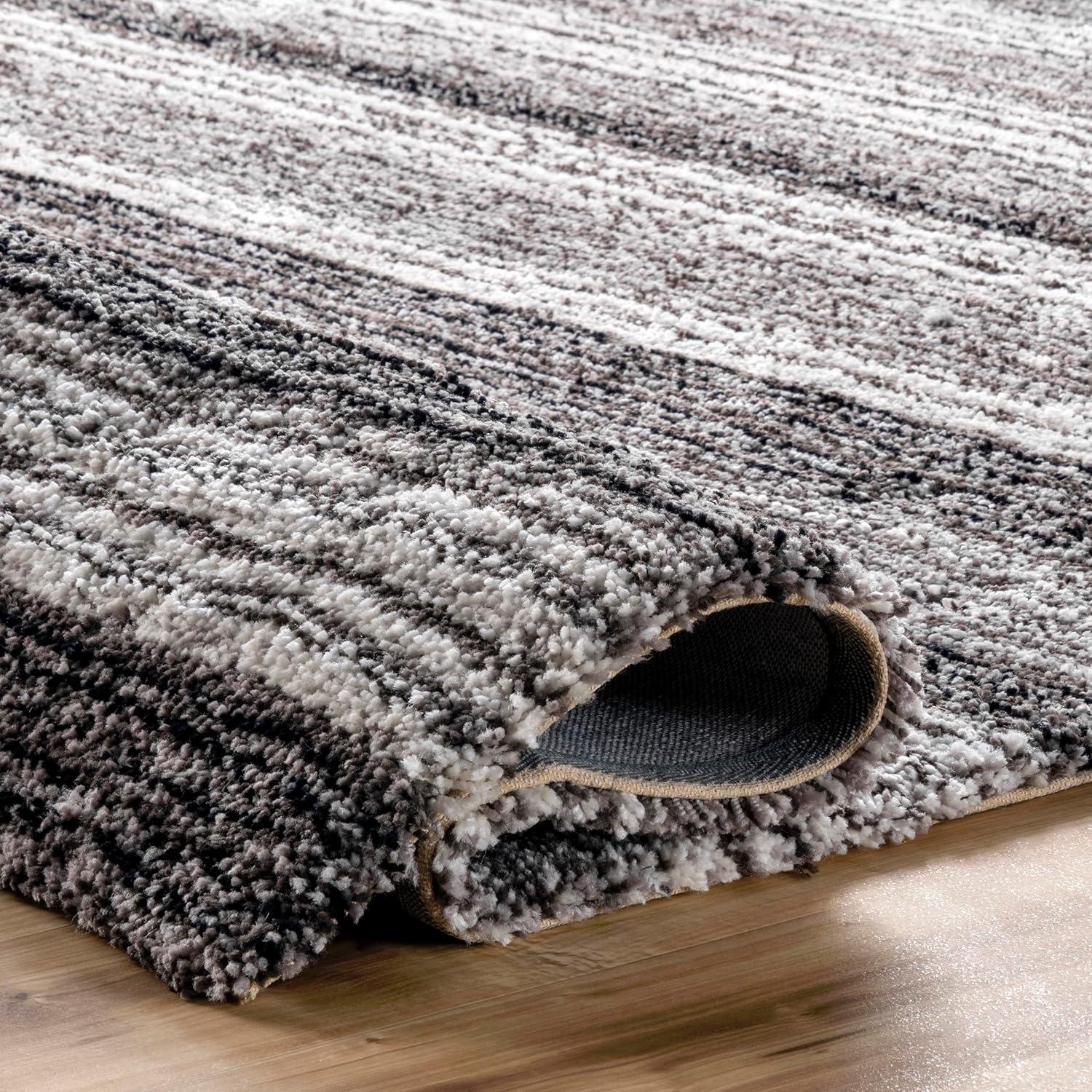 Luxurious Striped Shag Runner Rug in Gray Multi, 2'6" x 8'