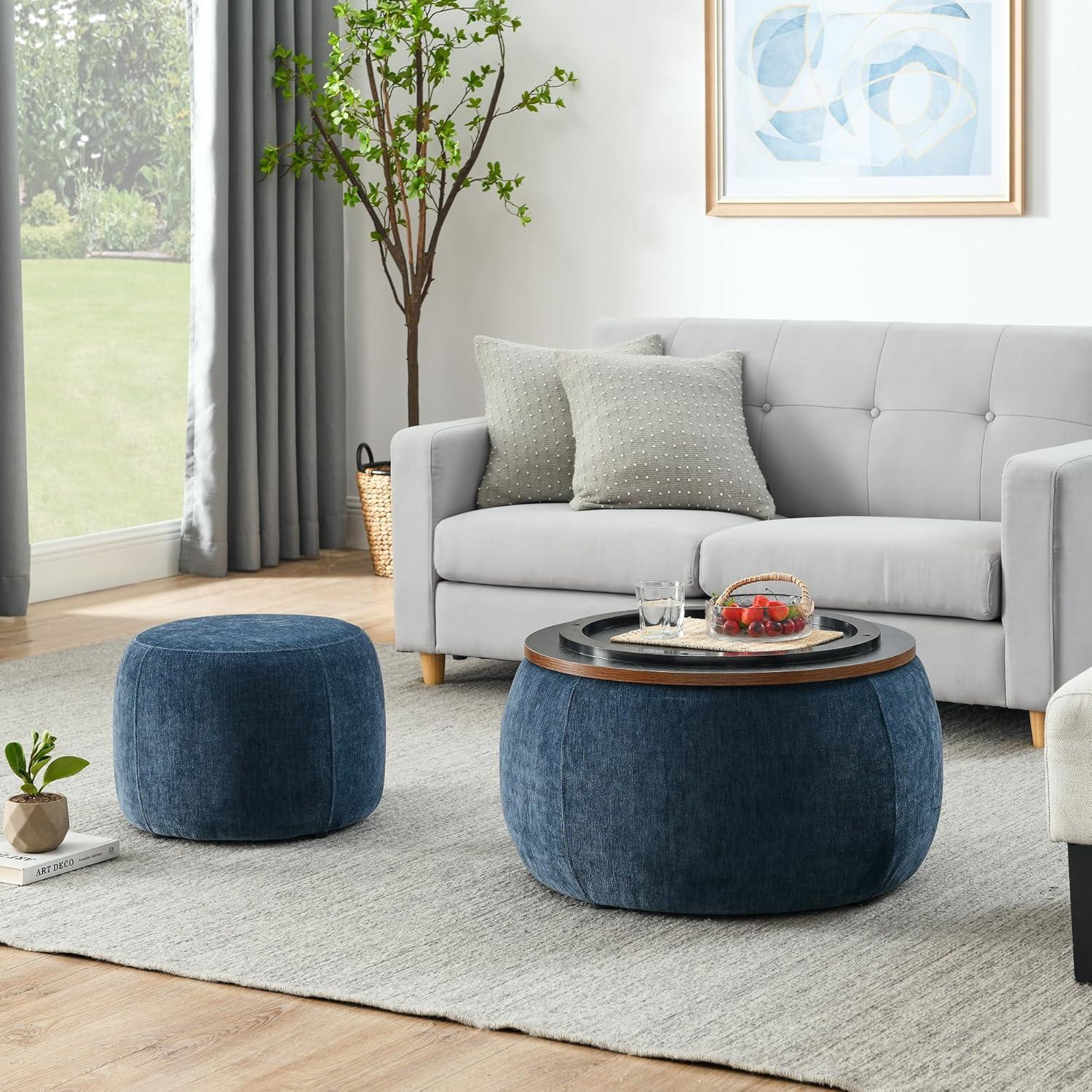 2-Piece Set Round Chenille Storage Ottoman, Equipped with a Drum Shaped Small Stool, Storage Space, and MDF Made Desktop Panel (Dark Blue, 25"x25"x14.7")