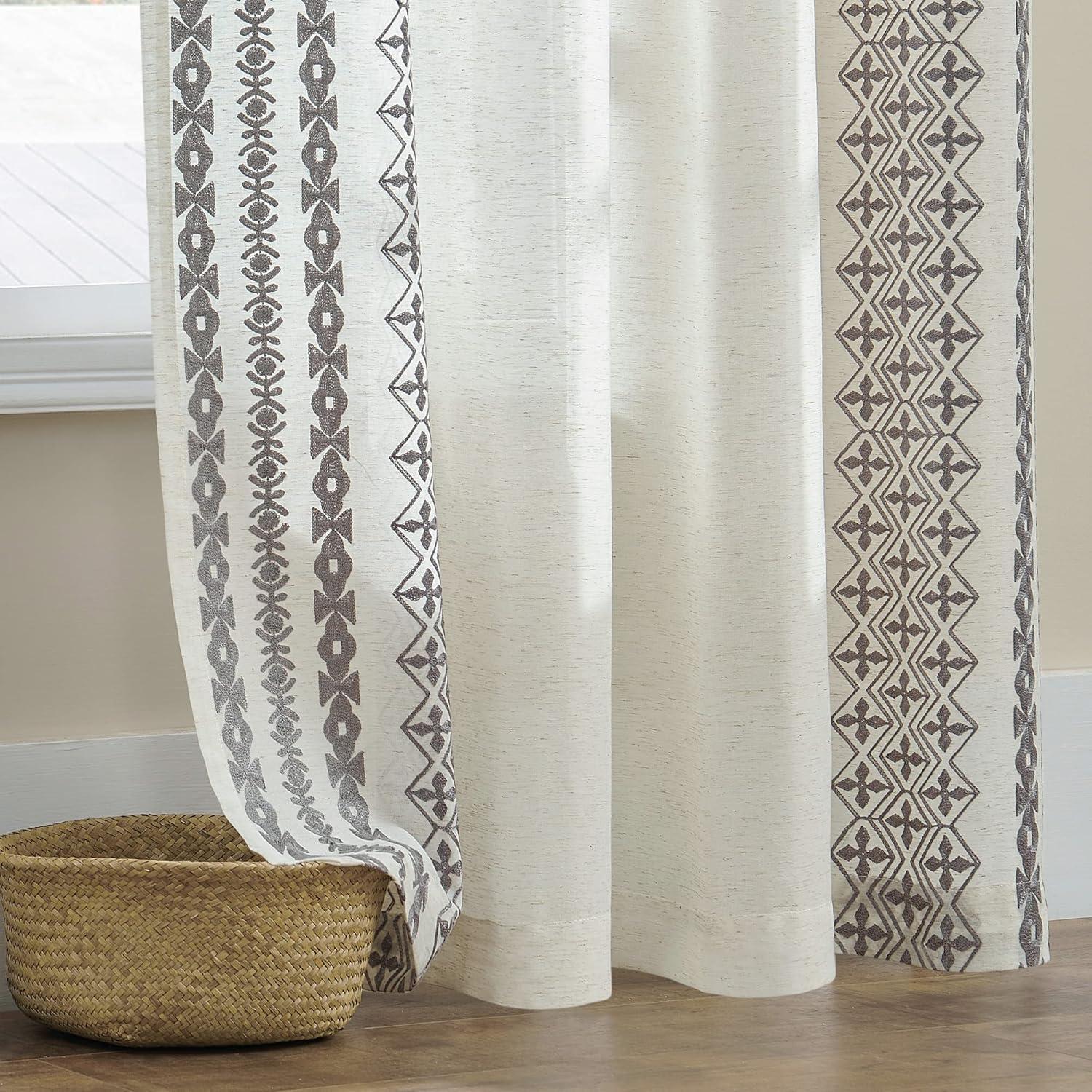 Gray Bohemian Semi Sheer Linen Polyester Grommet Window Panels