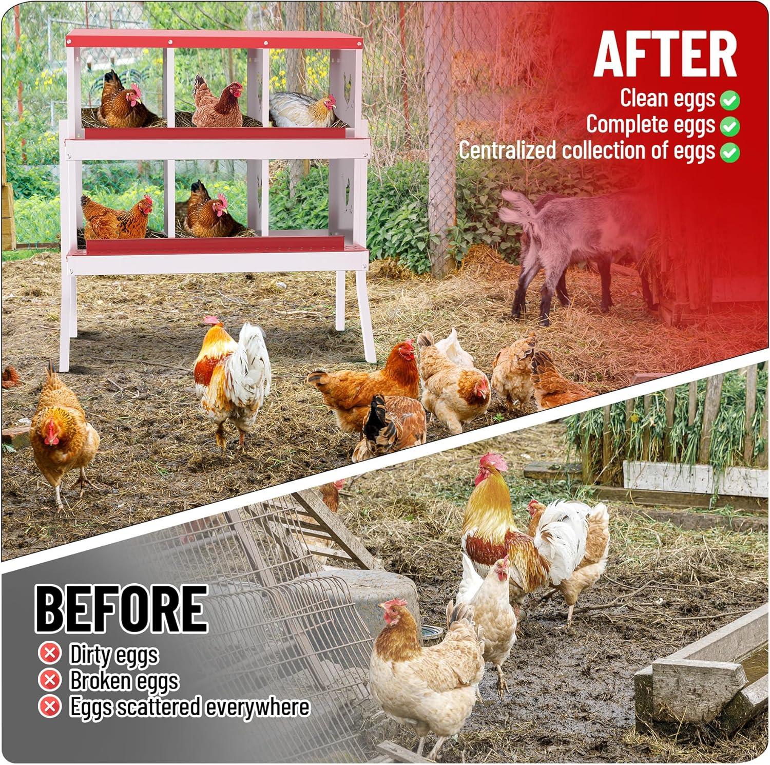 Nesting Boxes for Chickens, 6 Compartment Chicken Nesting Box with Metal Legs, Metal Chicken Laying Boxes with Perch, Secure Lid, Versatile Wall Mount or Free Standing for Hens, Red