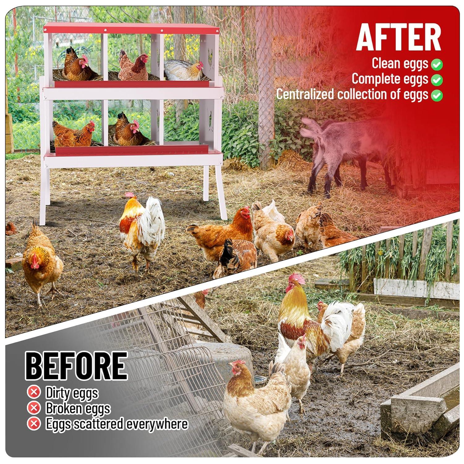 Nesting Boxes for Chickens, 6 Compartment Chicken Nesting Box with Metal Legs, Metal Chicken Laying Boxes with Perch, Secure Lid, Versatile Wall Mount or Free Standing for Hens, Red