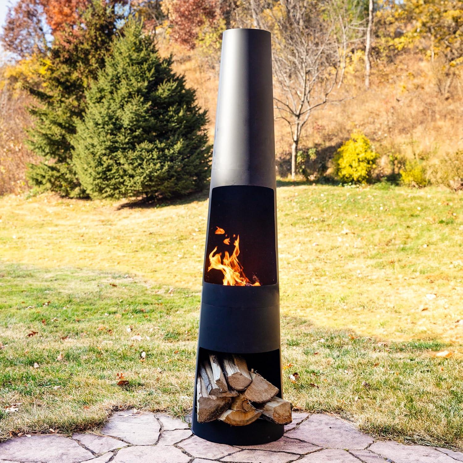 Sunnydaze Steel Chiminea with Built-In Log Holder - Black - 59" H