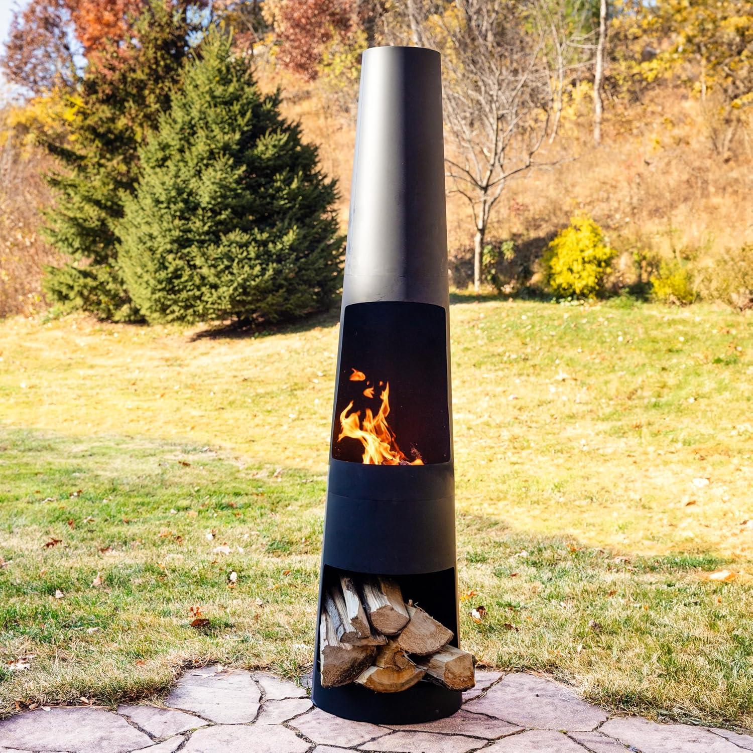 17 Stories 59" Black Finish Steel Outdoor Chiminea Fire Pit with Built-In Log Holder