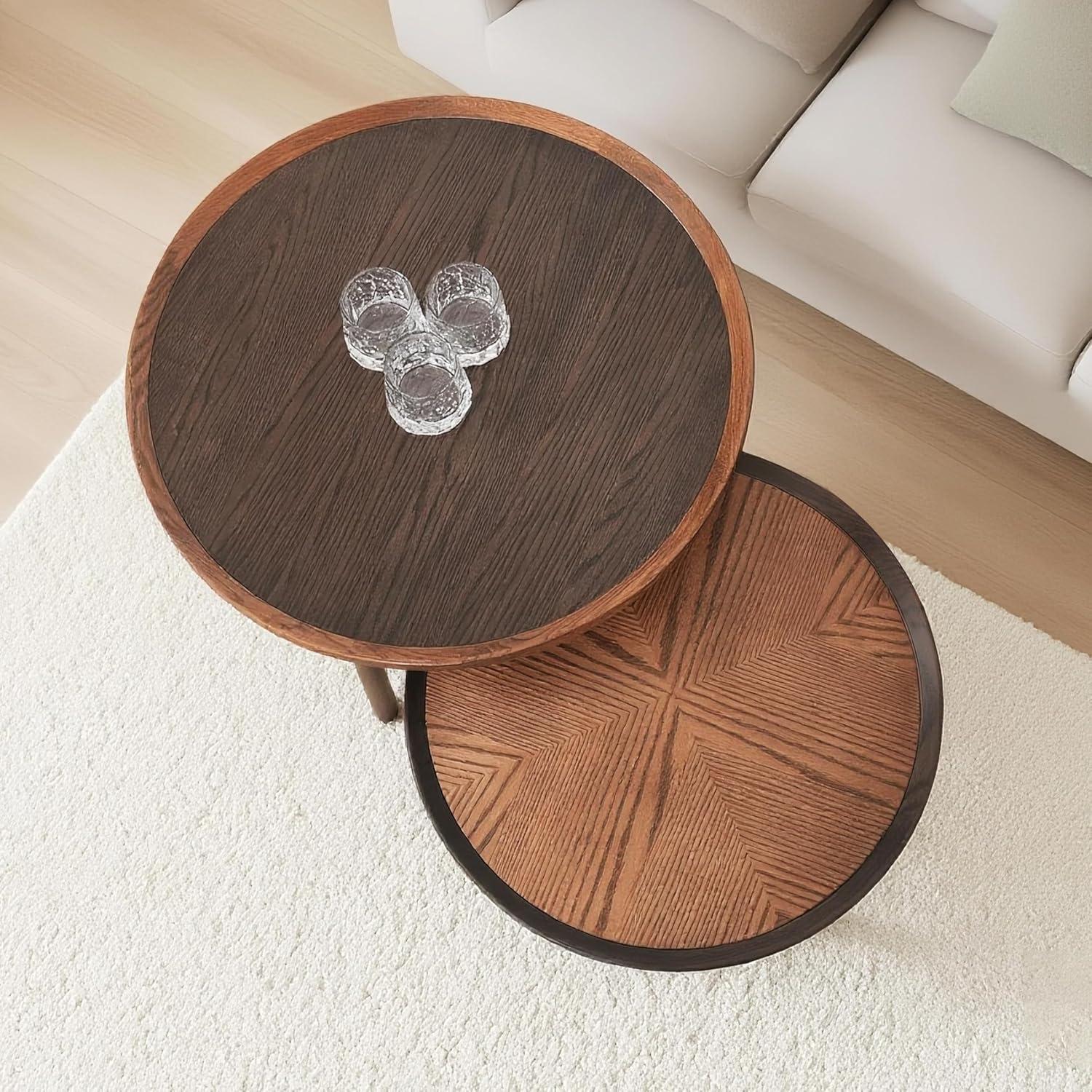 CONSDAN Nesting Table, Solid Oak Hardwood Structure Round Coffee Table & Side Table with Solid Wood Feet for Living Room, Bedroom, Balcony - Standard