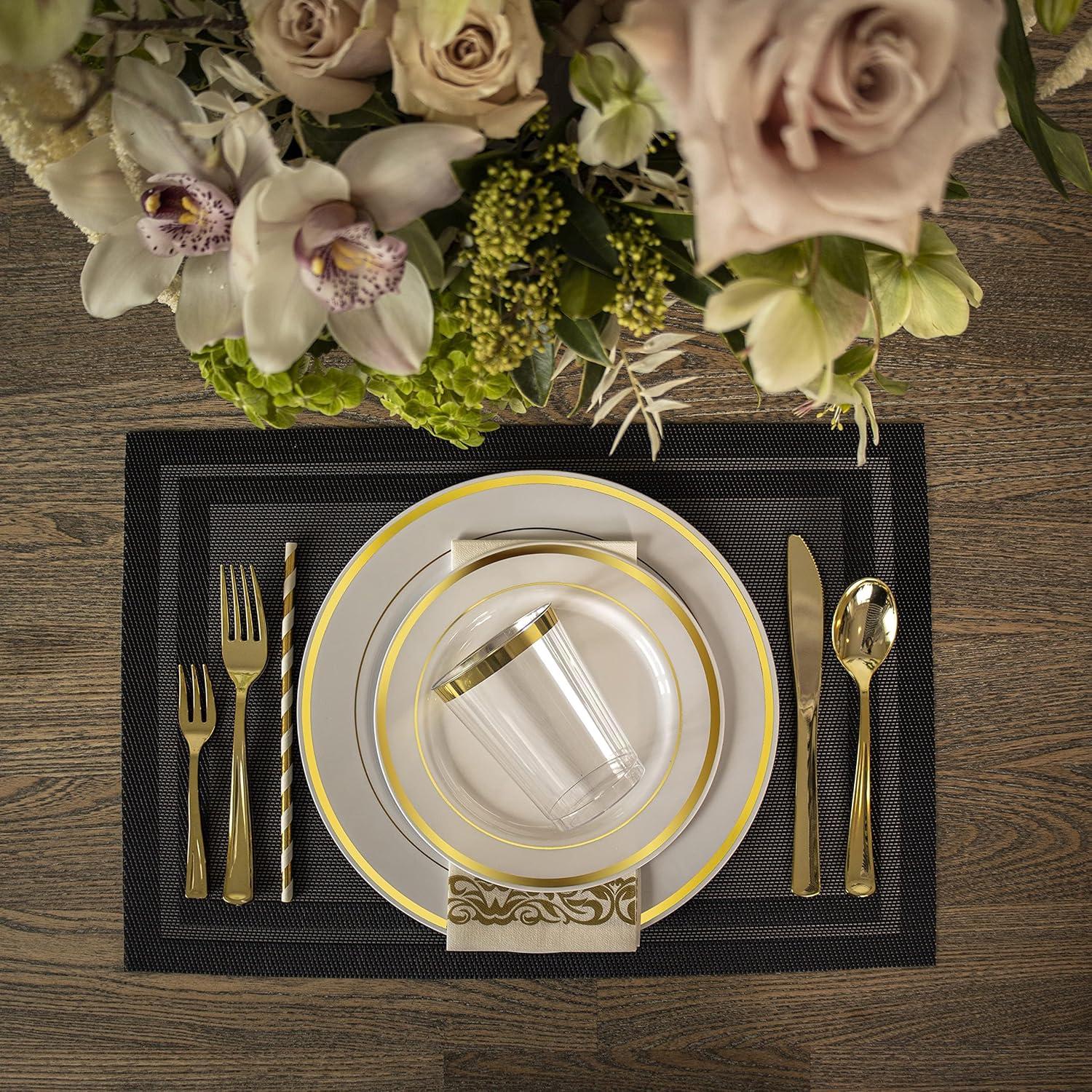 Gold Rim Plastic Plates Party Supplies Kit for 50 Guests