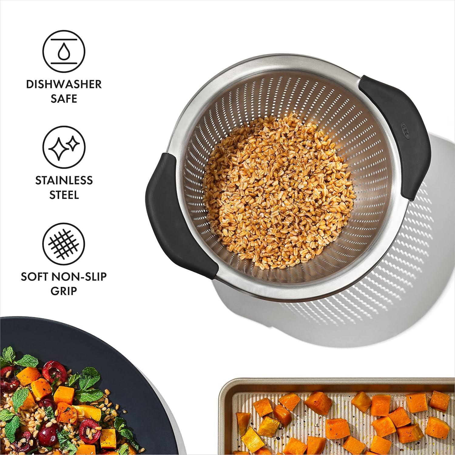 OXO 3Qt Stainless Steel Colander: Dishwasher-Safe Pasta Strainer, Light Silver, 9.6" Width, 3Qt Capacity