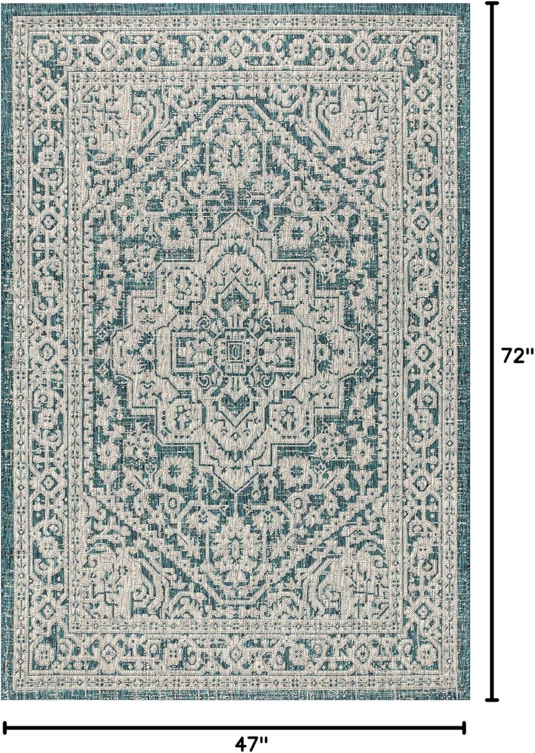 4'x6' Sinjuri Medallion Textured Weave Indoor/Outdoor Area Rug,  Teal Blue/Gray - JONATHAN Y