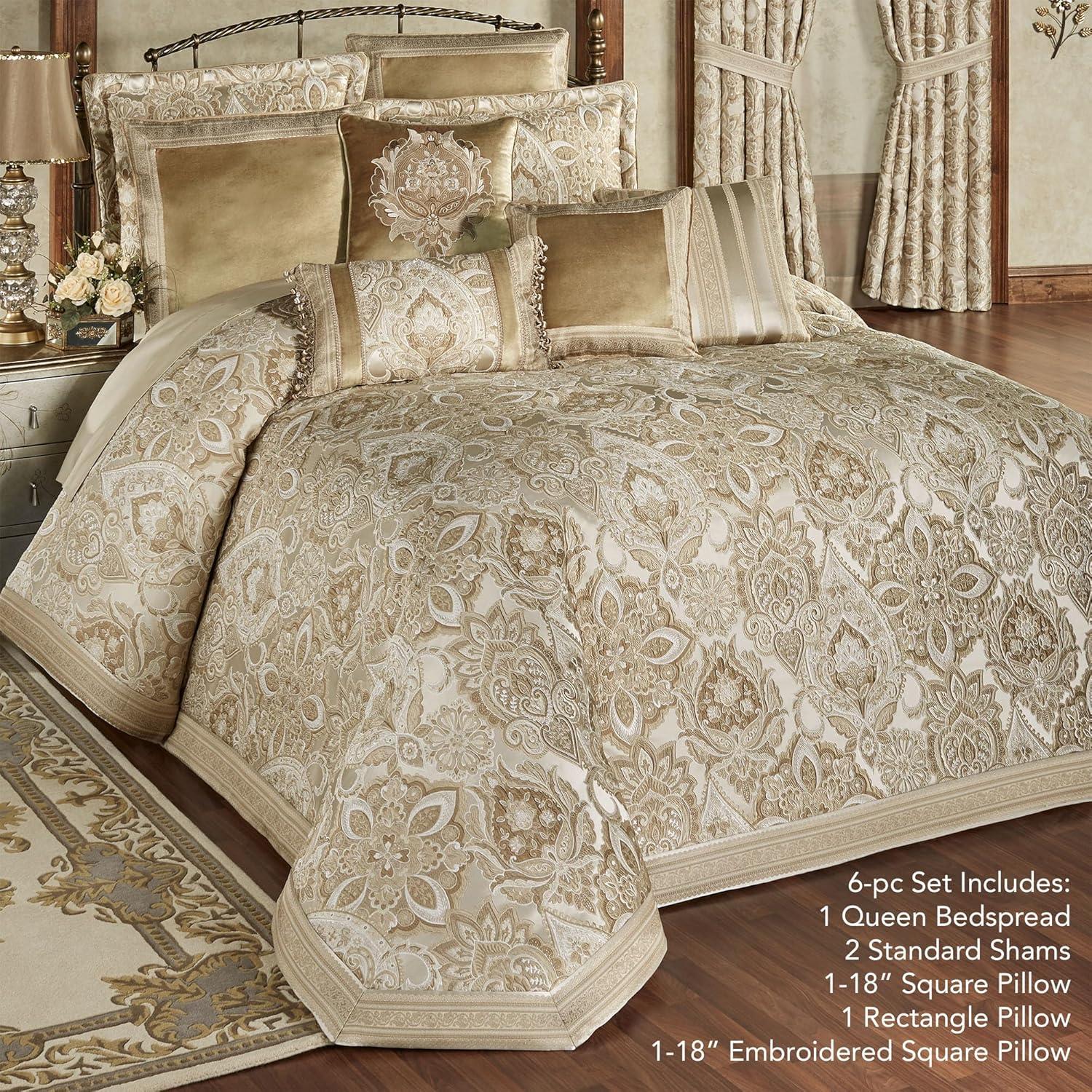 Albany Luxury Bedding | Soothing Neutral Tones of Champagne and Ivory | Jacobean Floral Inspired Damask, Medallions, and Stripes | 3 Piece Bed Set Includes Oversized Queen Bedspread & 2 Standard Shams
