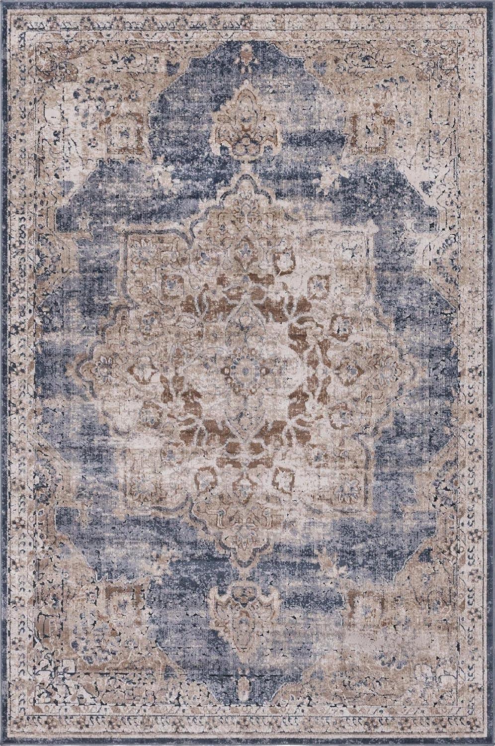 Beige & Light Blue Easy-Care Stain-Resistant Synthetic Area Rug, 6' x 9'