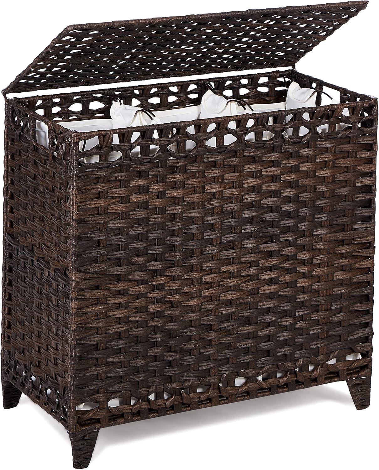 Brown Rectangular Wicker Laundry Hamper with Lid and Liners