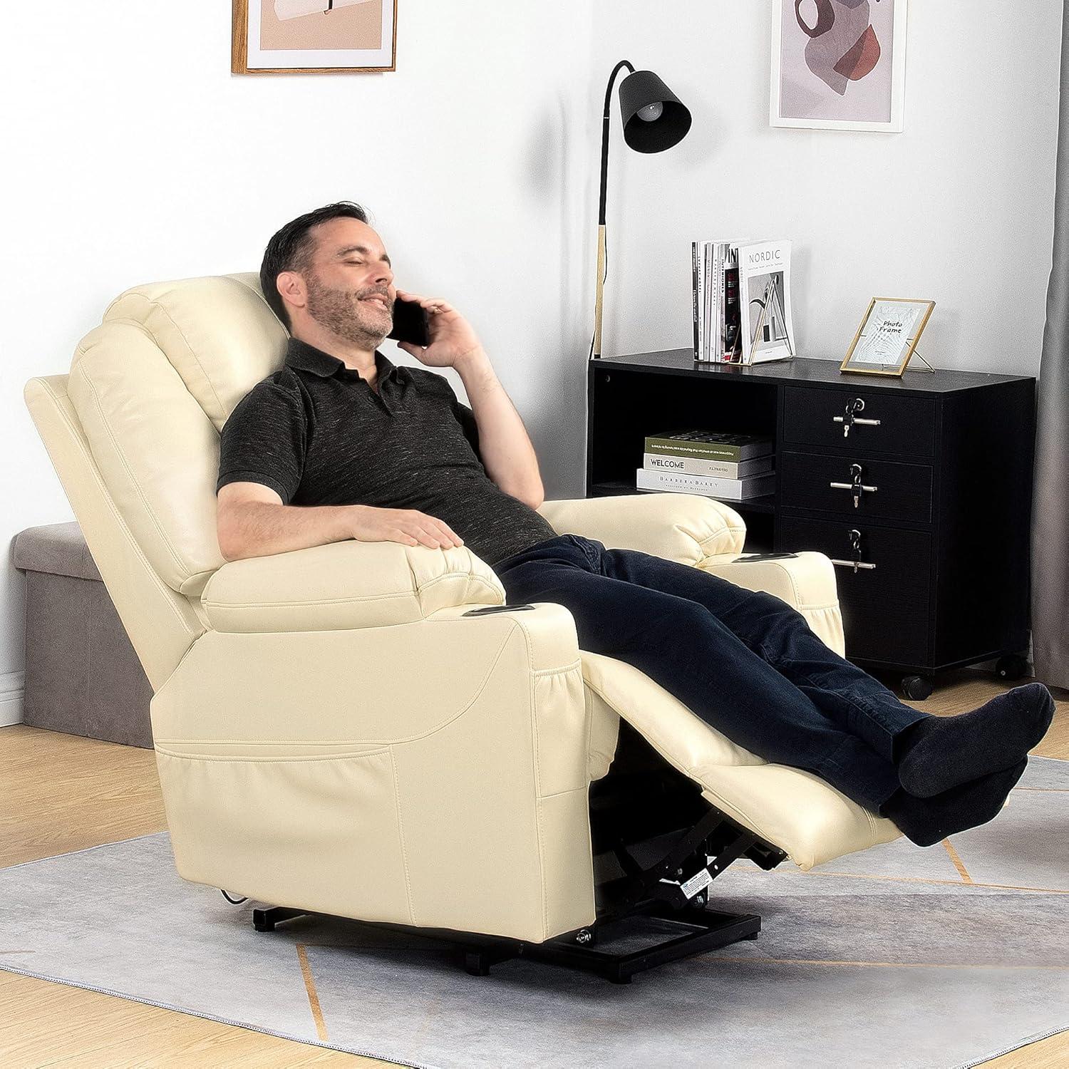 Beige Faux Leather Power Lift Recliner with Massage and Heat