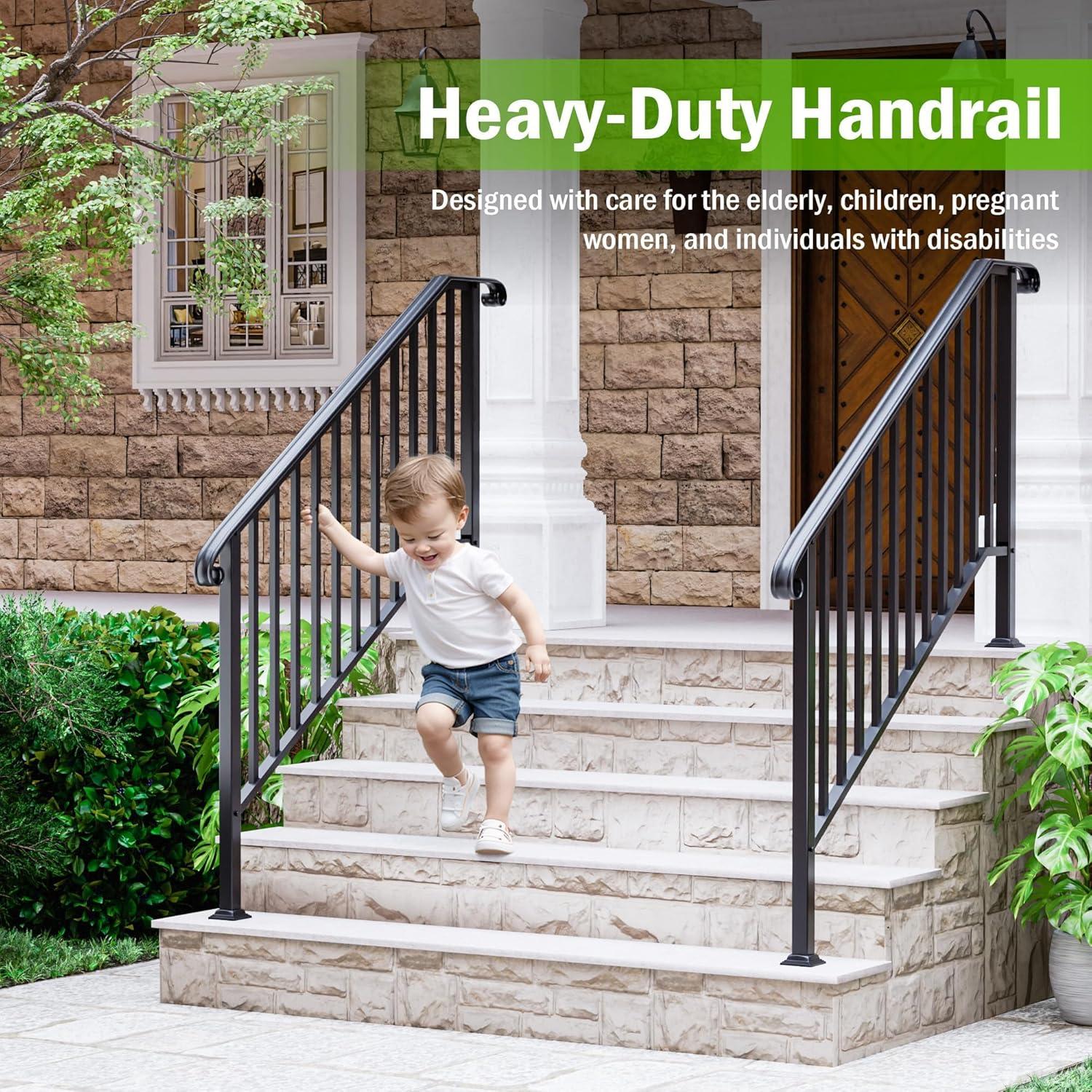 HLL Handrails for Outdoor Steps, Black Wrought Iron Handrail Fits 4 or 5 Steps, Transitional Handrail with Installation Kit, Stair Railing for Concrete Steps or Wooden Stairs