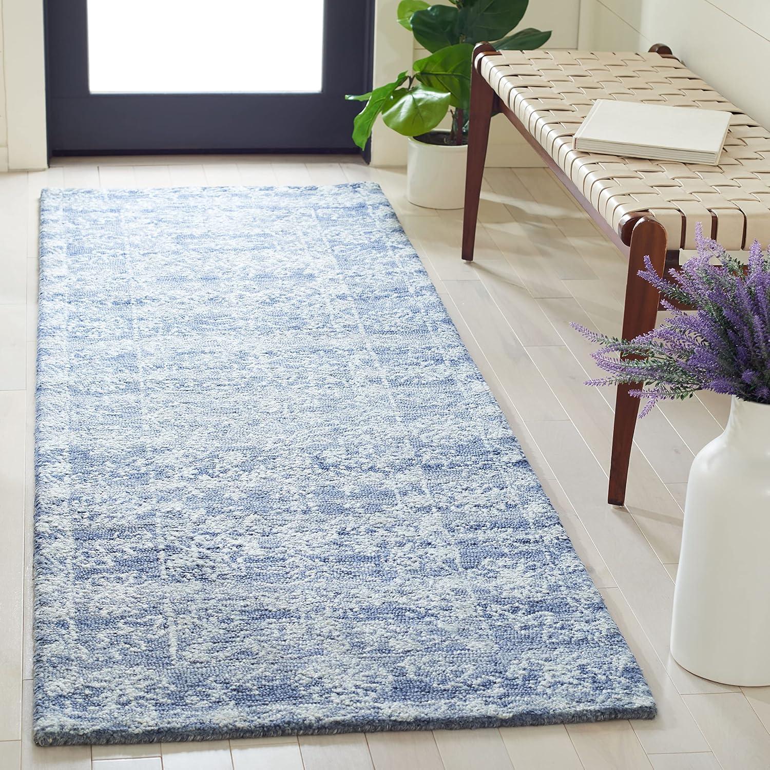 Navy Blue Geometric Hand-Tufted Wool Runner Rug