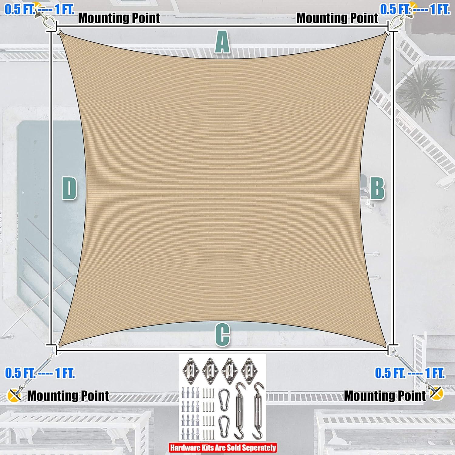 Amgo Square Sun Shade Sail 200 GSM, 95% UV Blockage