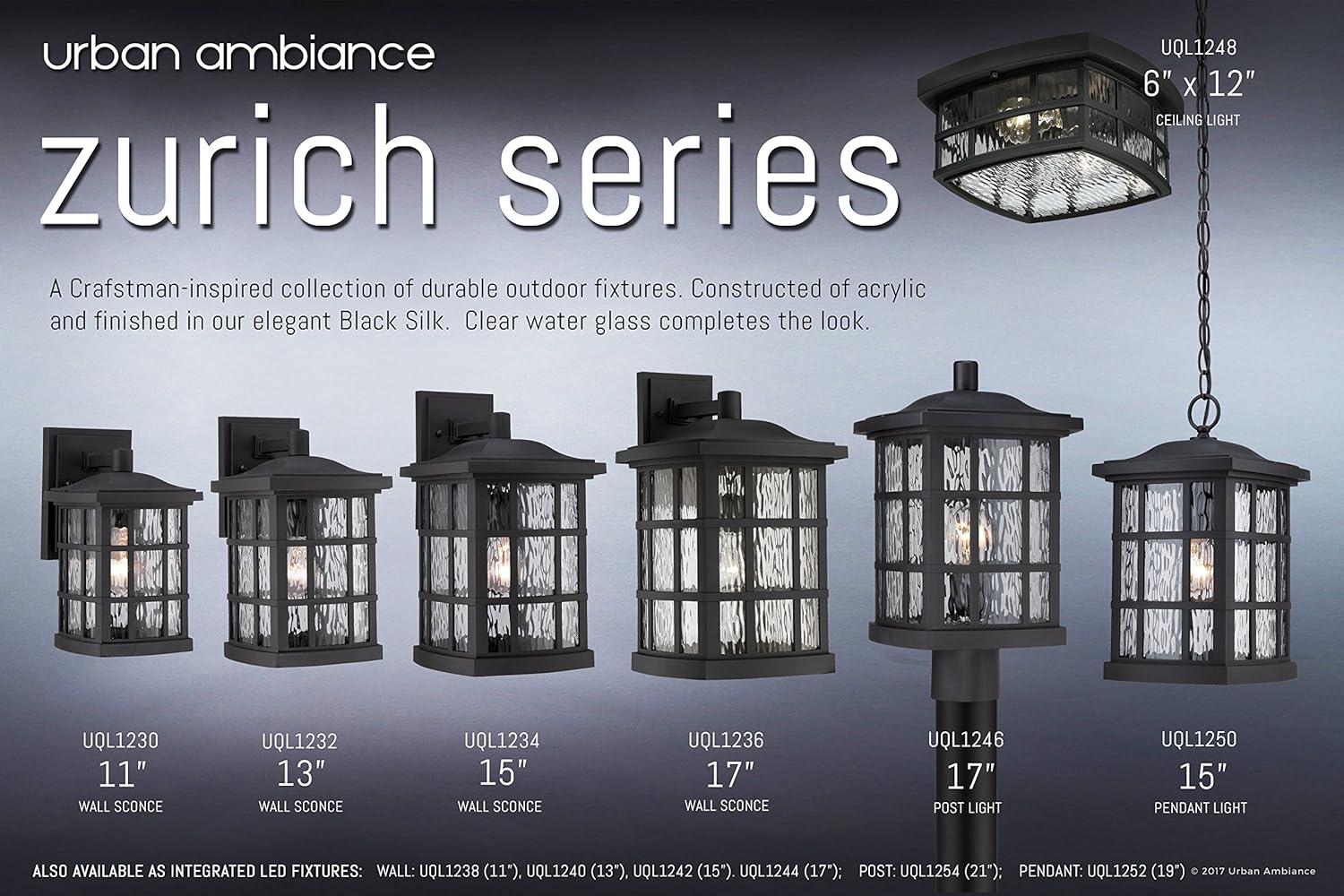 Urban Ambiance Luxury Craftsman Outdoor Pendant Light, Medium Size: 15"H x 9.5"W, with Tudor Style Elements, Highly-Detailed Design, High-End Black Silk Finish and Water Glass, UQL1250