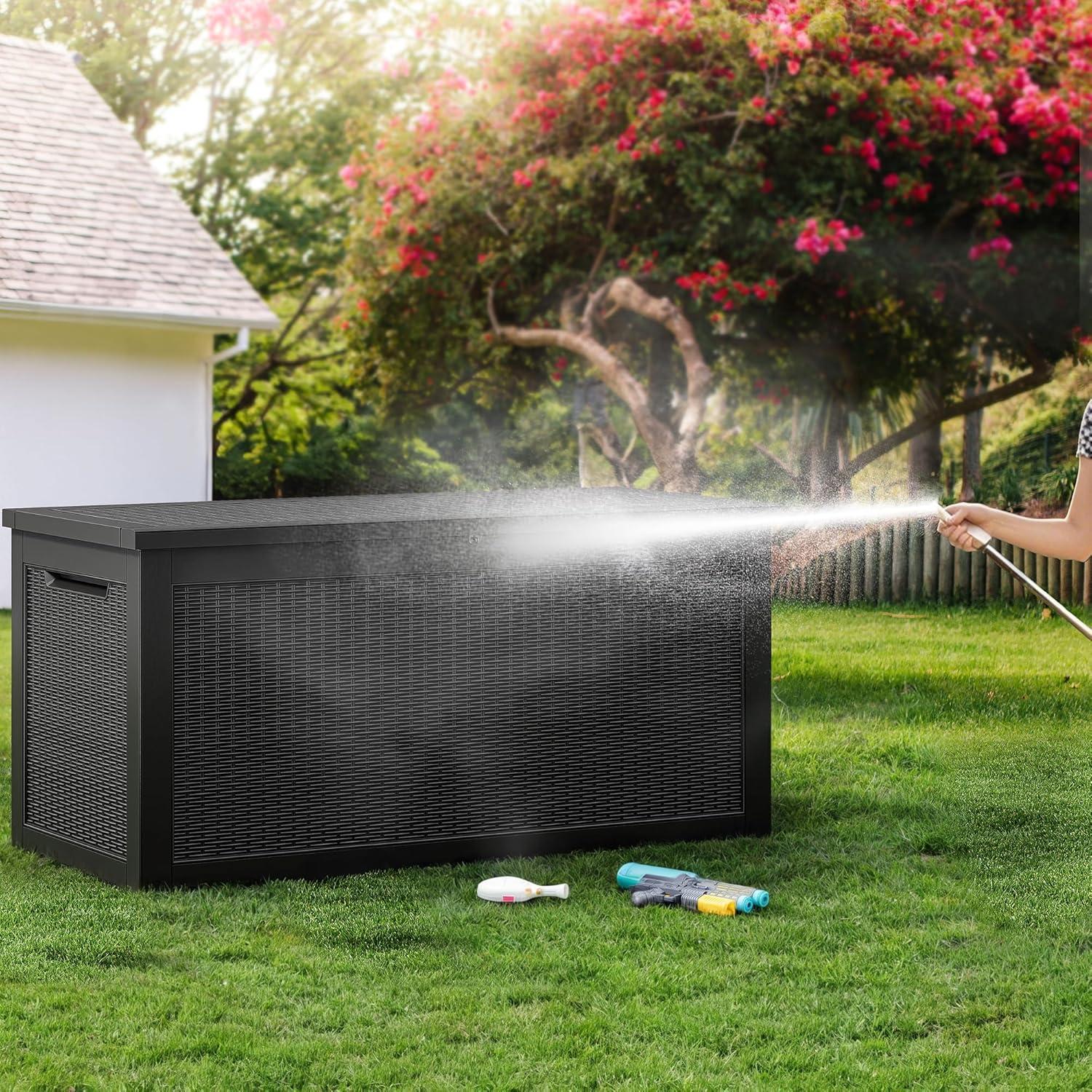 YITAHOME 32 Gallon Rattan Deck Box, Indoor Outdoor Storage Box for Patio Furniture, Pool Accessories, Cushions, Garden Tools, Sports Equipment, Waterproof Resin with Lockable Lid & Side Handles, Black