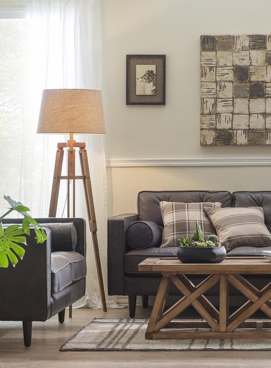 Mariner Tripod Style Wood Floor Lamp with Burlap Drum Shade Rust - Storied Home: Adjustable Height, 3-Way Switch