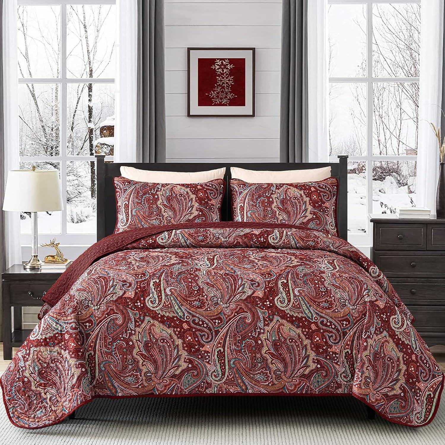 DJY Red Paisley Quilt Set Queen Size Boho Quilt Bedspread Set 3 Pieces, Soft Lightweight Microfiber Coverlet Set Burgundy Paisley Floral Pattern Bedding for All Season, 96''x90''