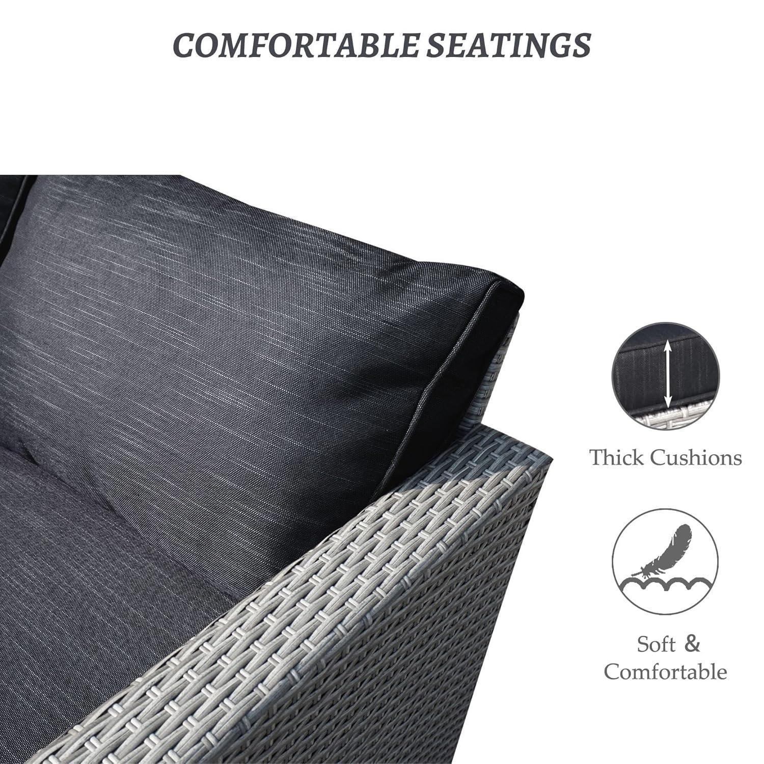 SUNTONE Patio Conversation Sofa Set - 3 Piece All Weather Wicker Outdoor Furniture Set, Gray Rattan & Black Cushions