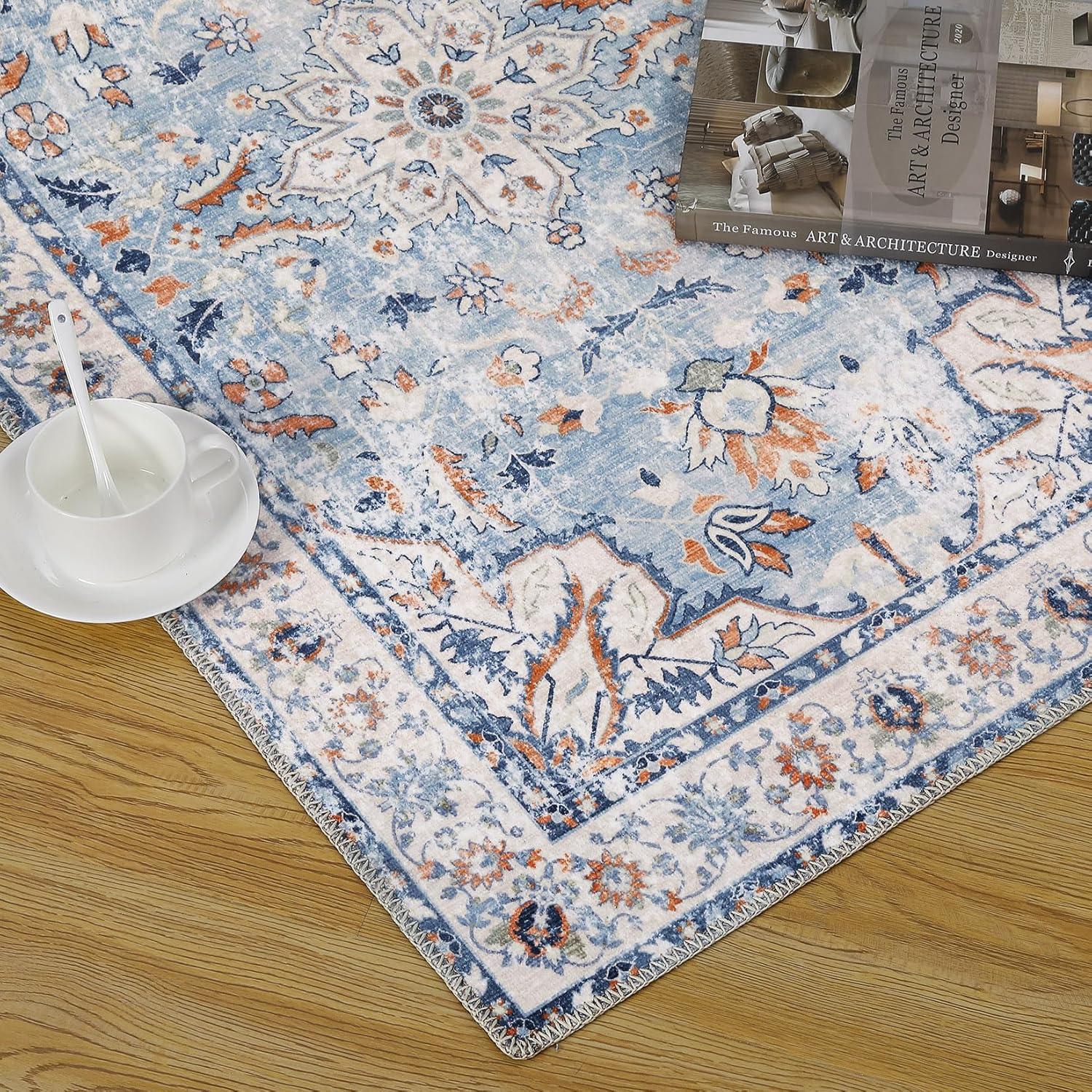 9x12 Area Rug Vintage Medallion Distressed Rug Machine Washable Area Rugs for Living Room Non-Slip Stain Resistant Accent Rug, Blue