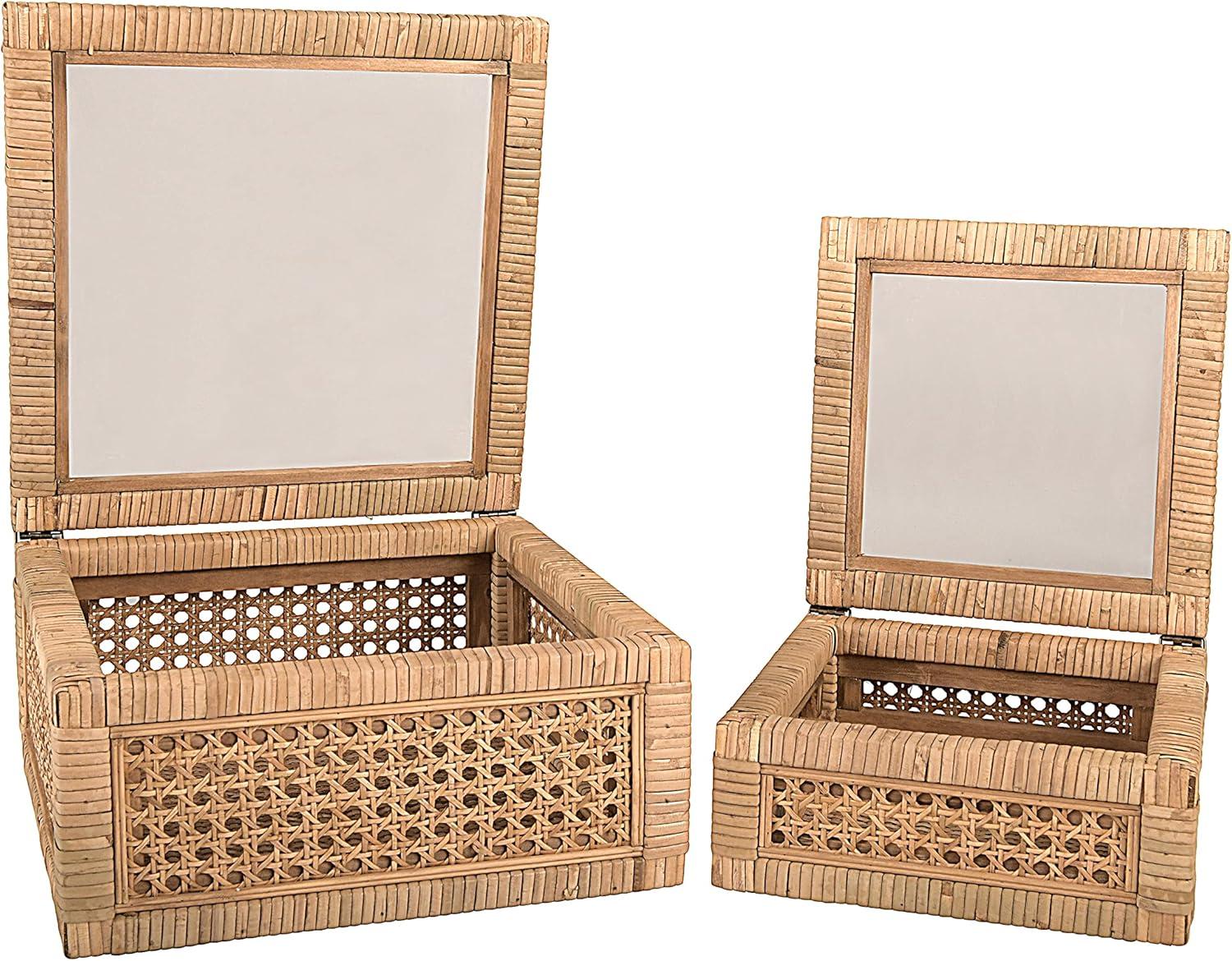 Creative Co-Op Cane and Rattan Display Boxes with Glass Lid, Set of 2