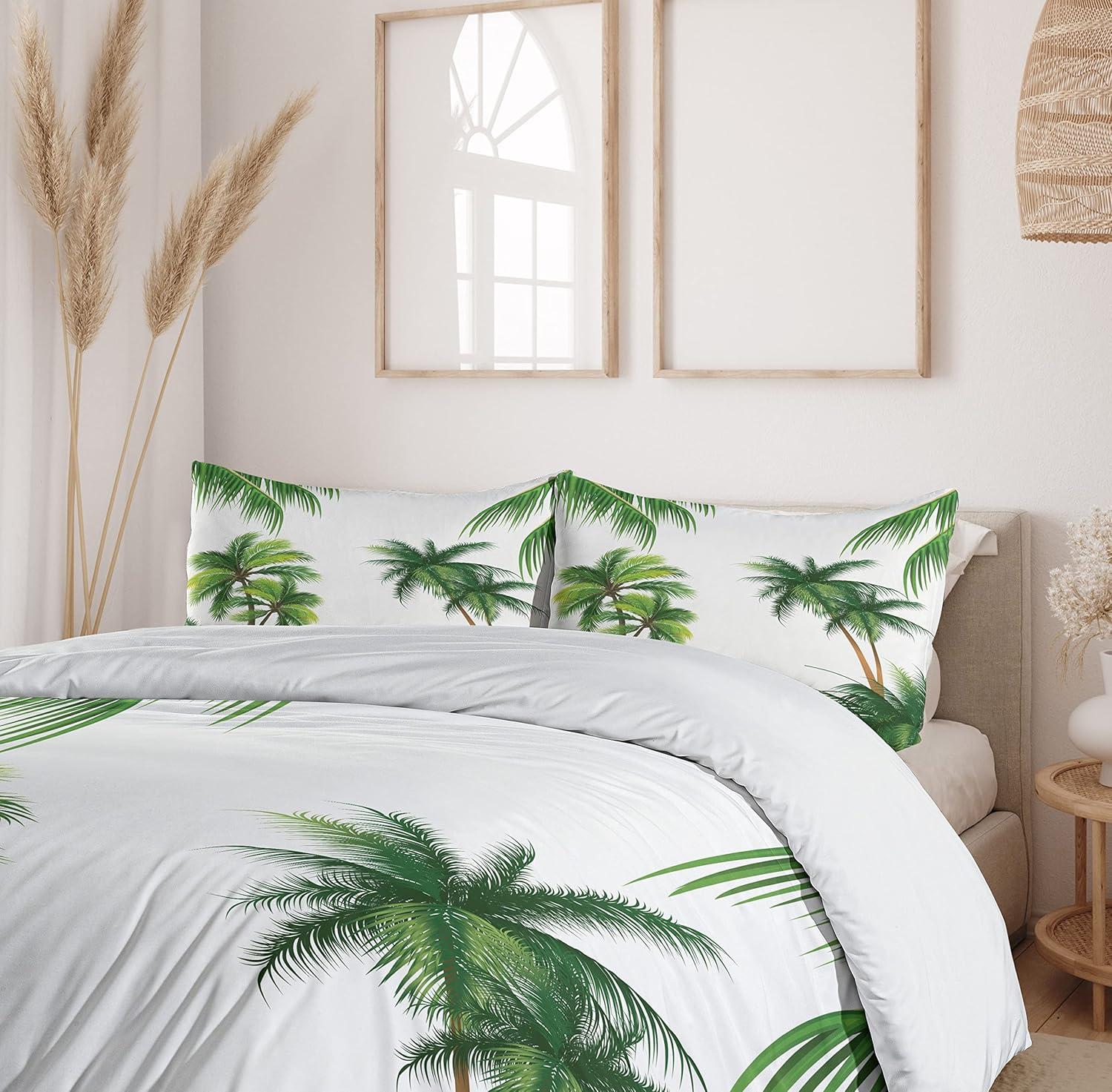 Tropical Palm Tree Twin Duvet Cover Set in White and Green